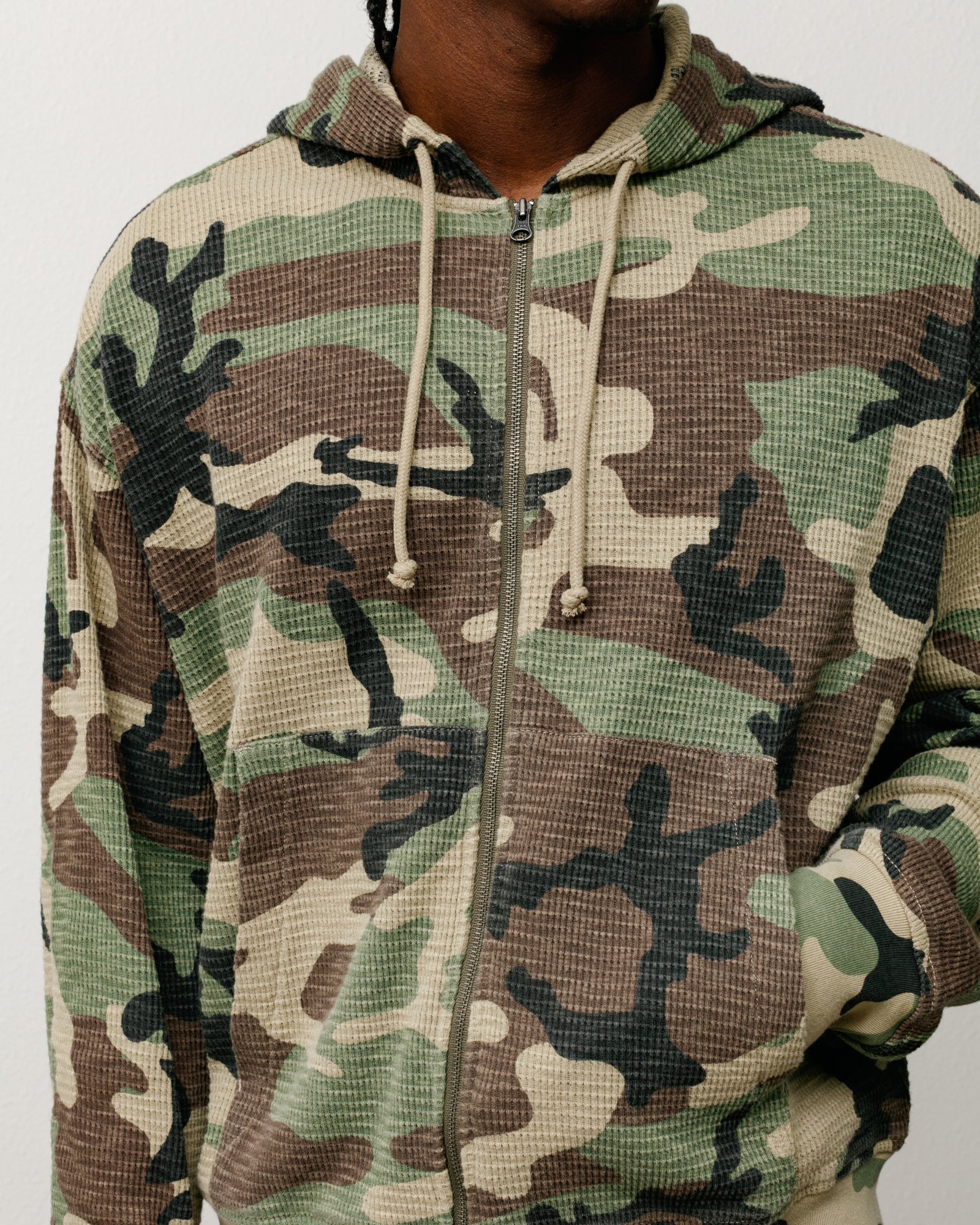 Camo cotton waffle-knit zip hoodie with drawcord hood and front zipper