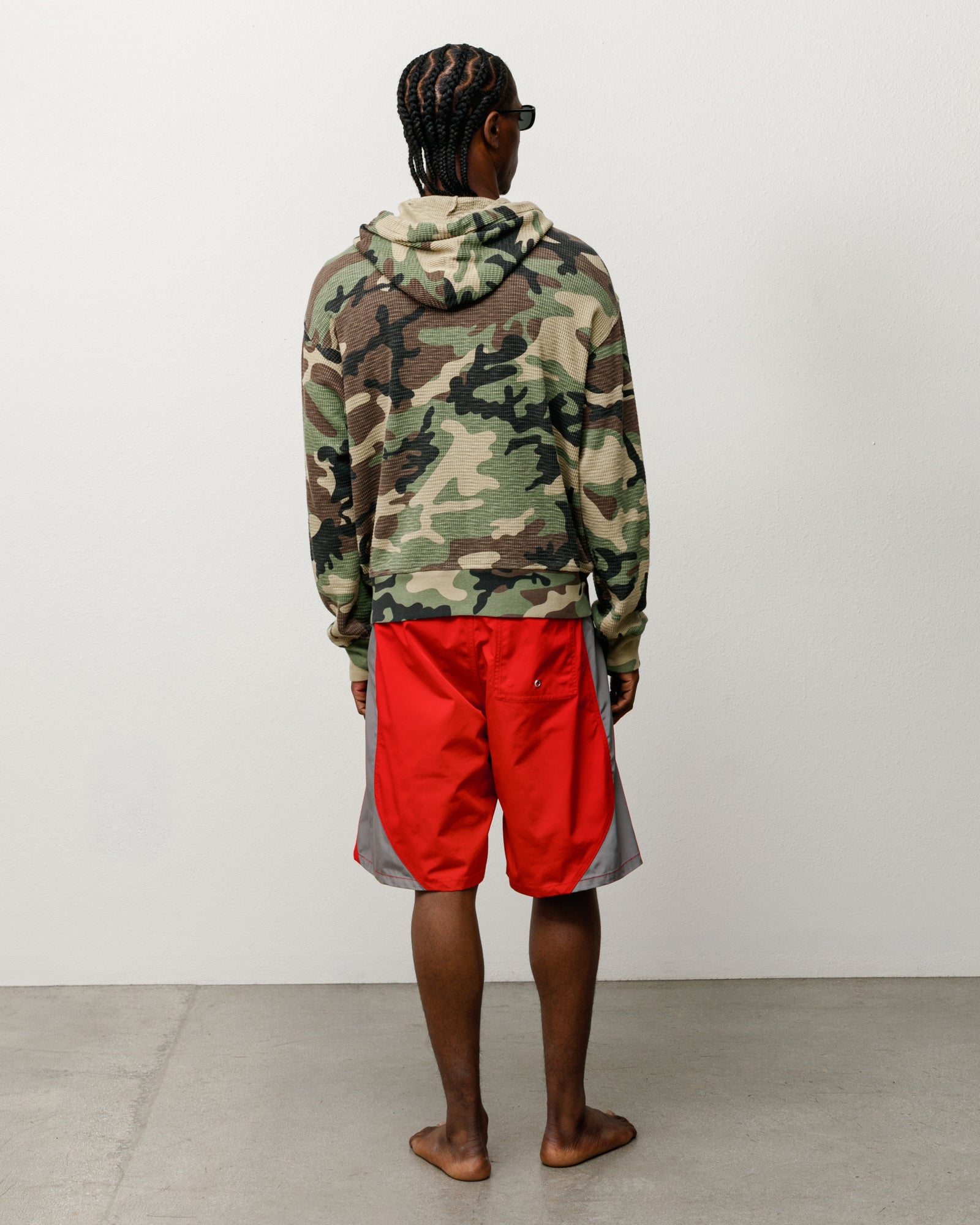 Lightweight camo waffle-knit thermal hoodie, long sleeve, model back view