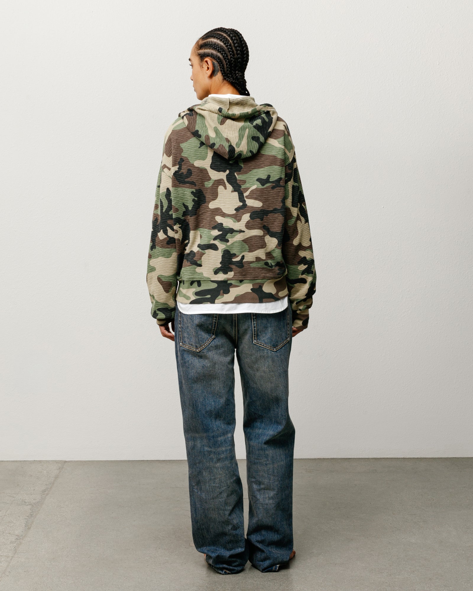 Lightweight thermal hoodie in camo, back view on model