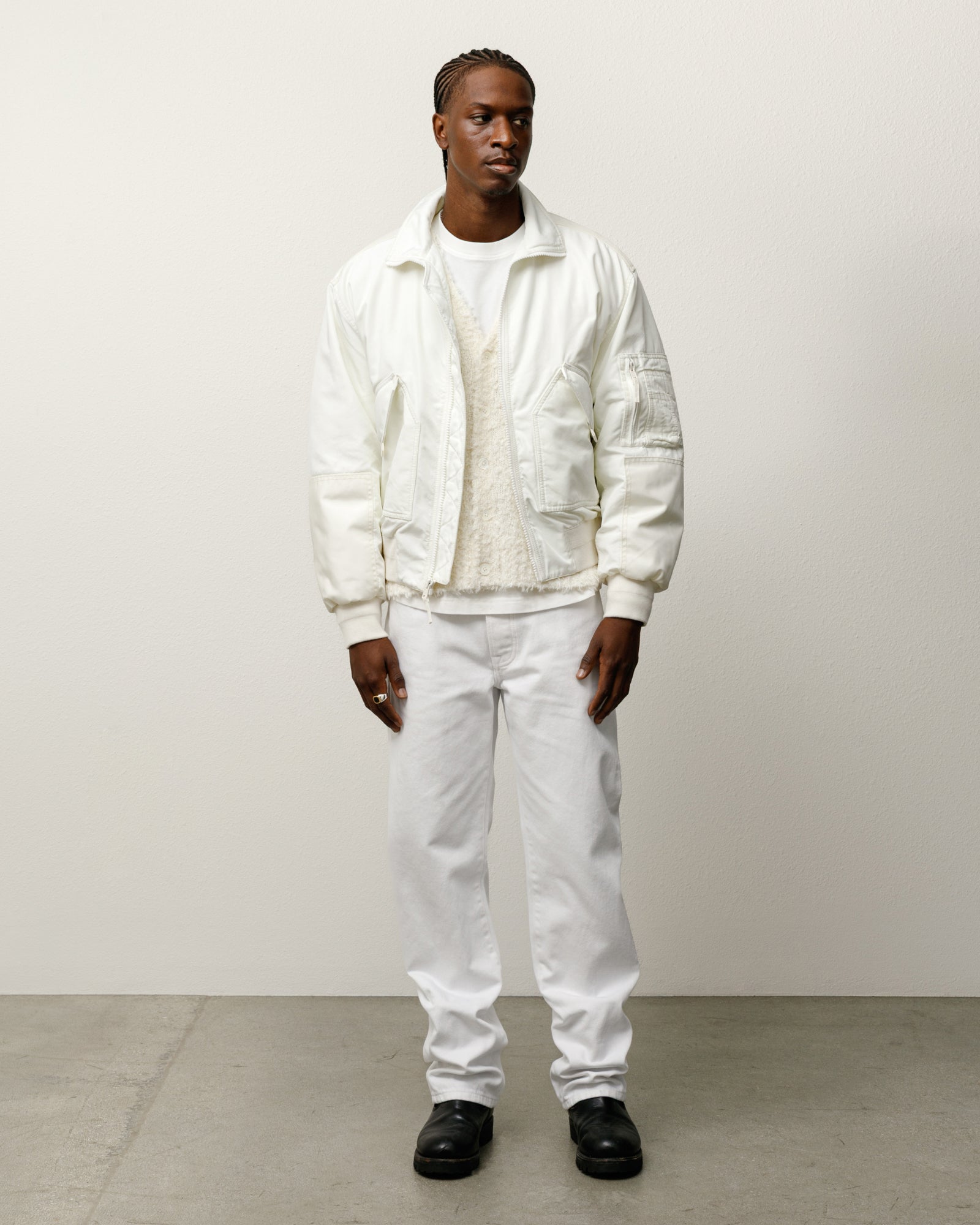 Mock Neck Flight Bomber Mens Long Sleeve In White