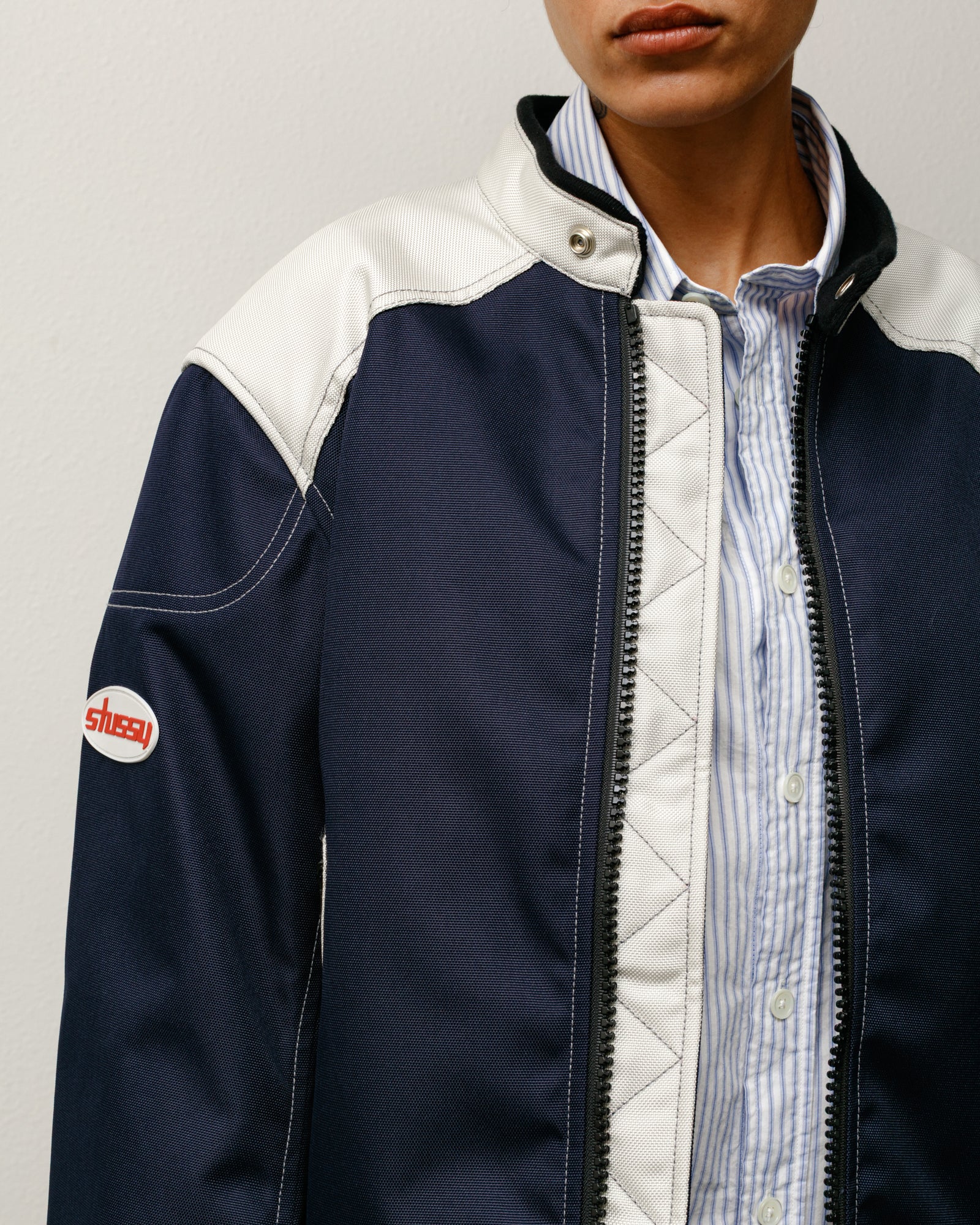 stussy × schott　ライダースジャケット　ネイビー STUSSY - M 美品 Schott × Stussy ライダースコート Pコート ネイビー