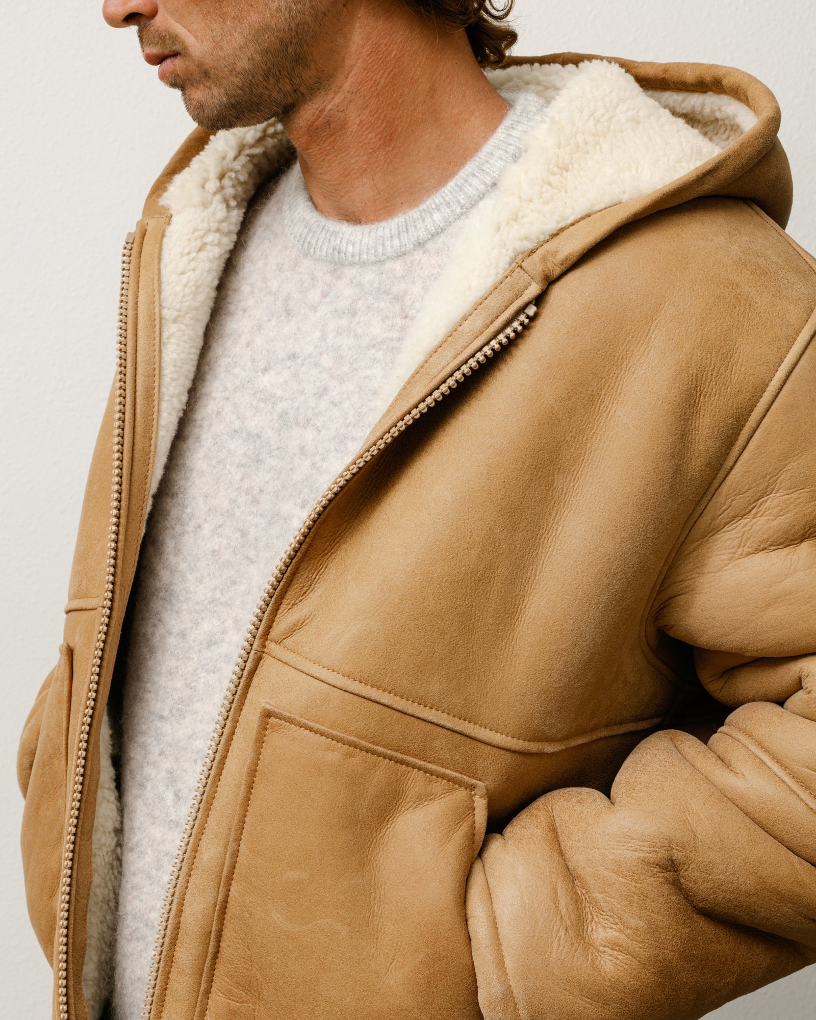Shearling Hooded Jacket Mens Long Sleeve In Tan