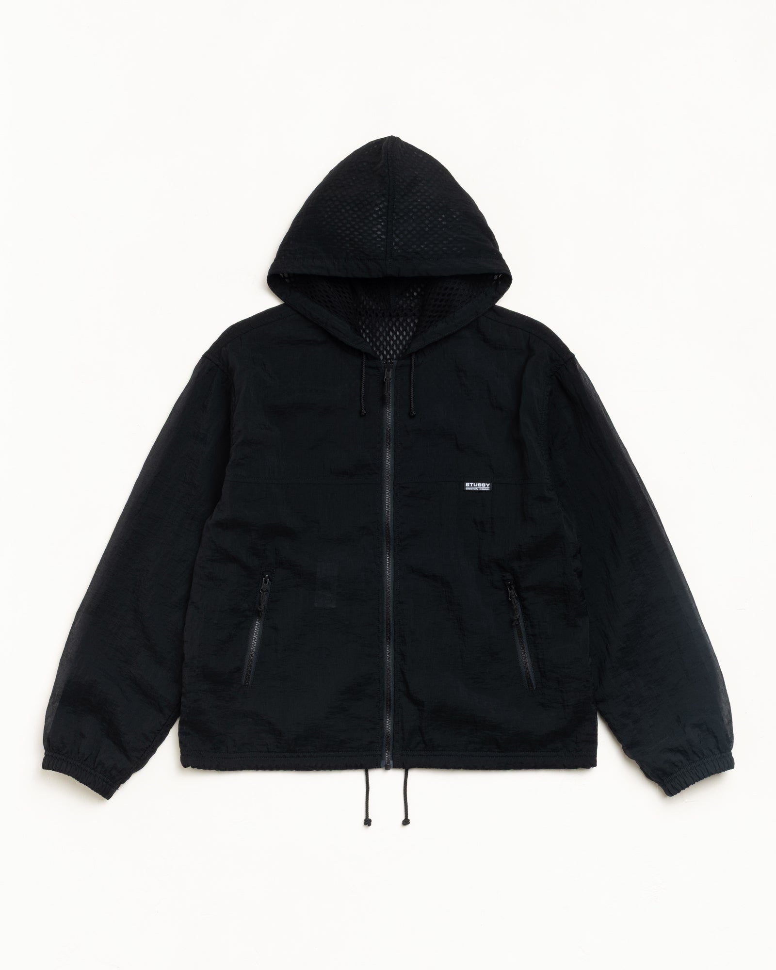 Layered Mesh Hooded Jacket Unisex Long Sleeve In Black
