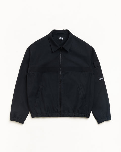 Black zip-front collared jacket with welt pockets, sleeve pocket, and elastic cuffs, laid flat.