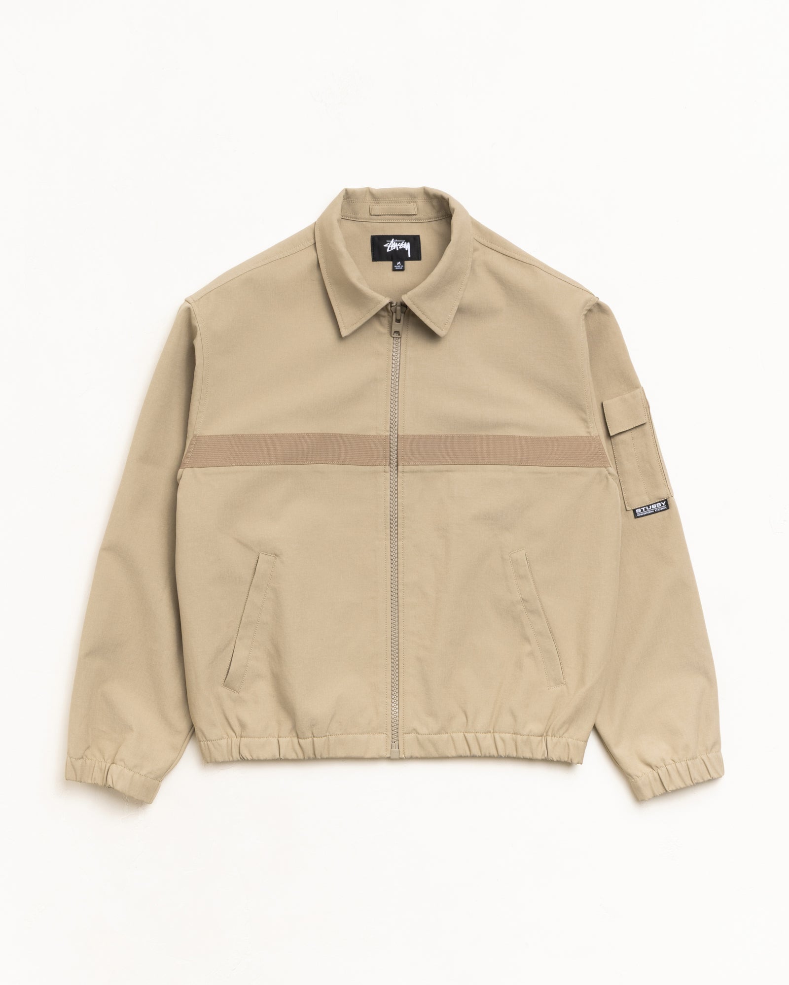 Khaki long-sleeve zip-front mechanic jacket with horizontal webbing, welt pockets, elastic hem and cuffs
