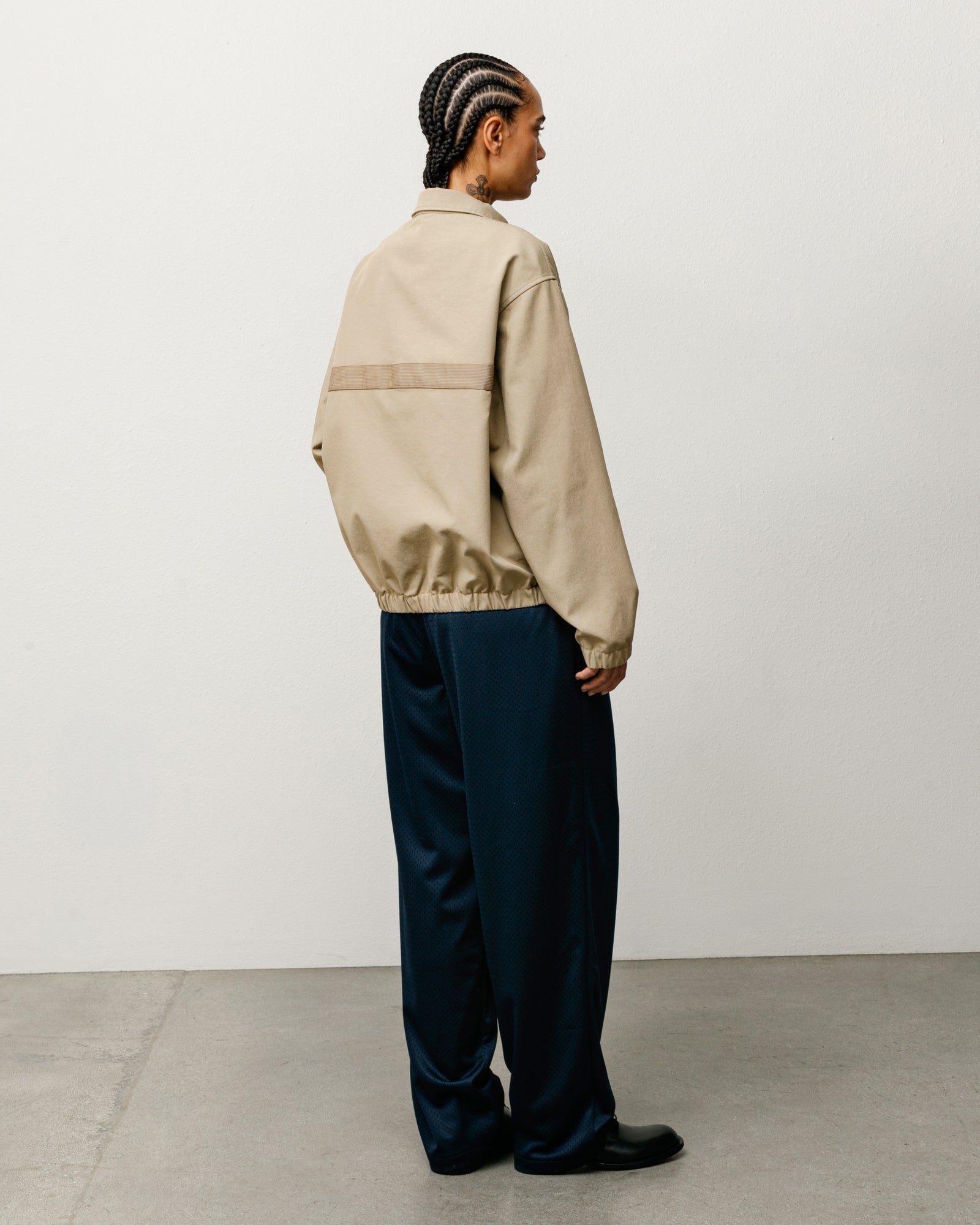 Mechanic Jacket In Khaki Back View With Long Sleeves And Elastic Hem Detail