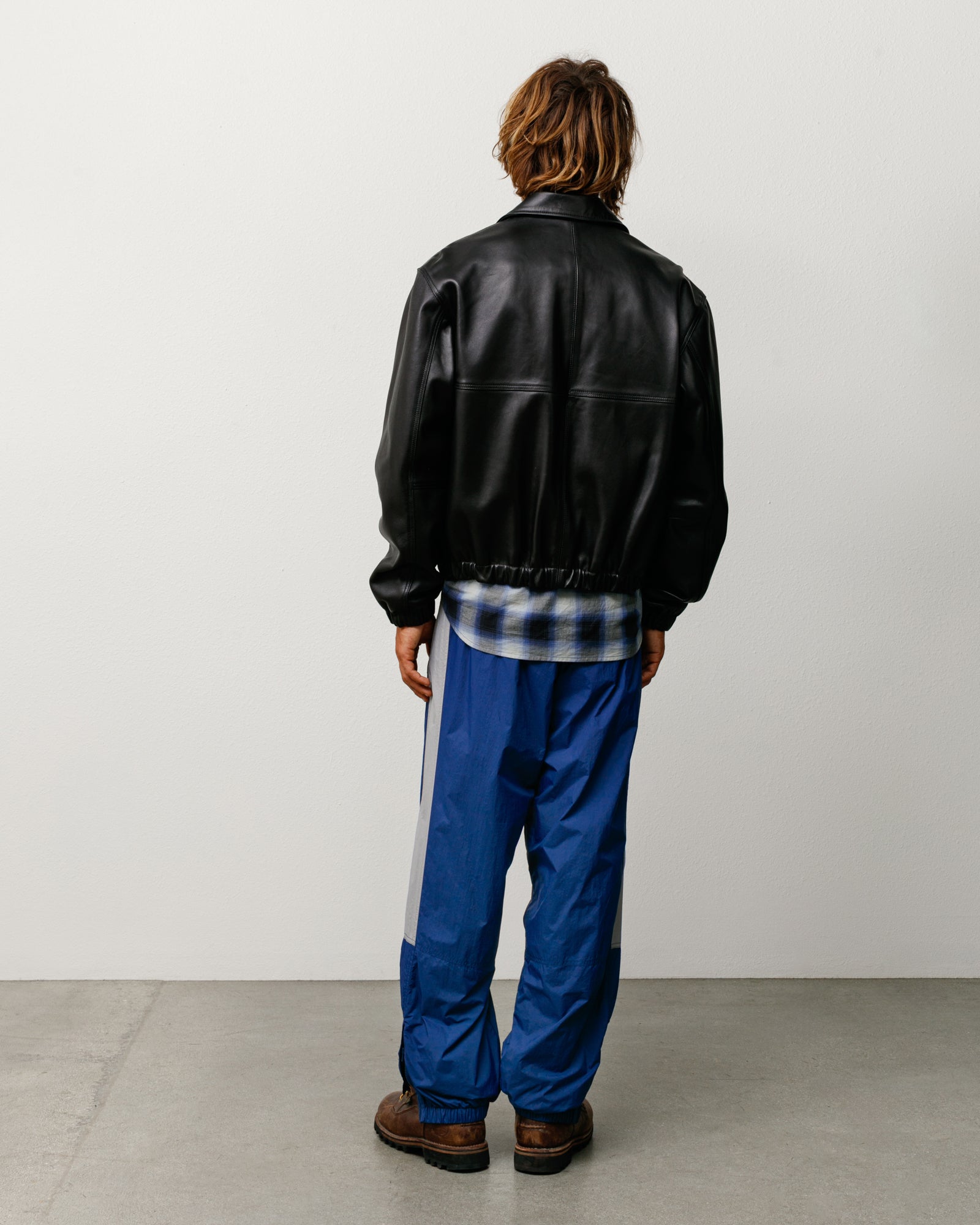 Leather Work Jacket Unisex Long Sleeve In Black Rear View With Elastic Hem