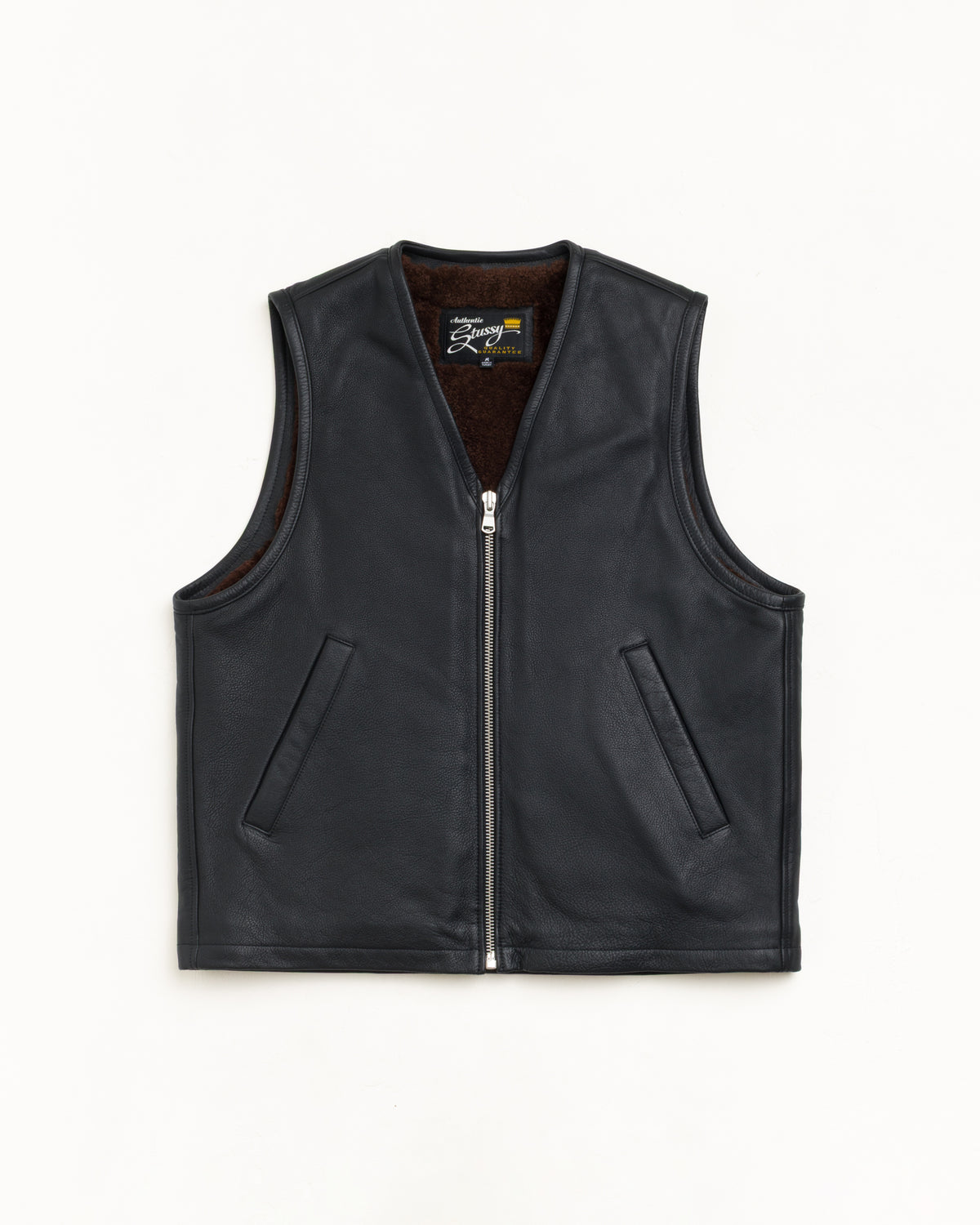 Pile Lined Leather Vest Unisex Sleeveless In Black