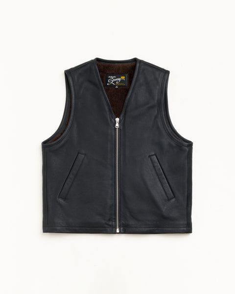 Pile Lined Leather Vest Unisex Sleeveless In Black