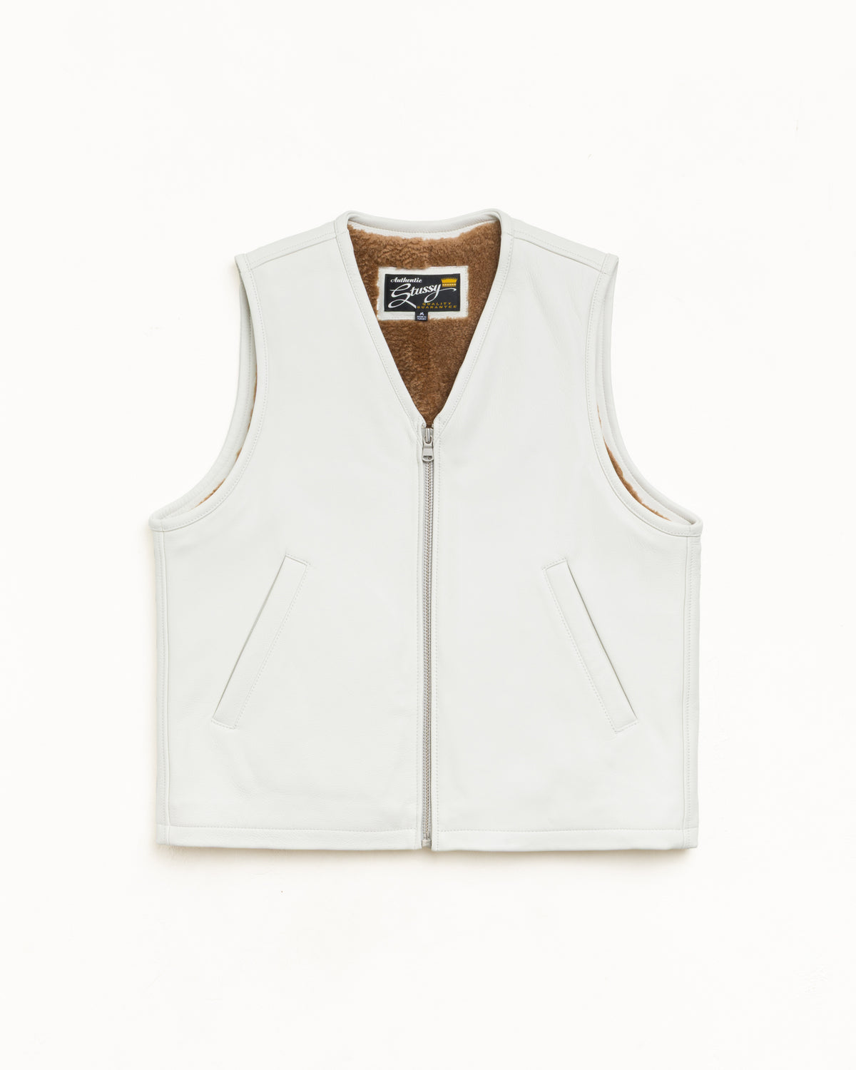 Pile Lined Leather Vest Unisex Sleeveless In Bone