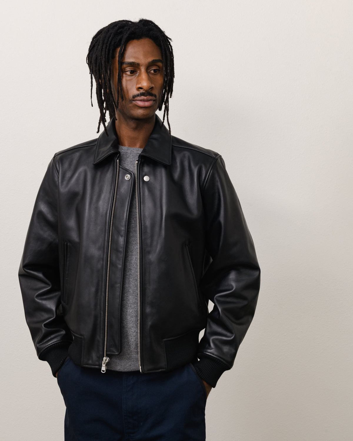 Fur Lined Flight Jacket Unisex Long Sleeve In Black
