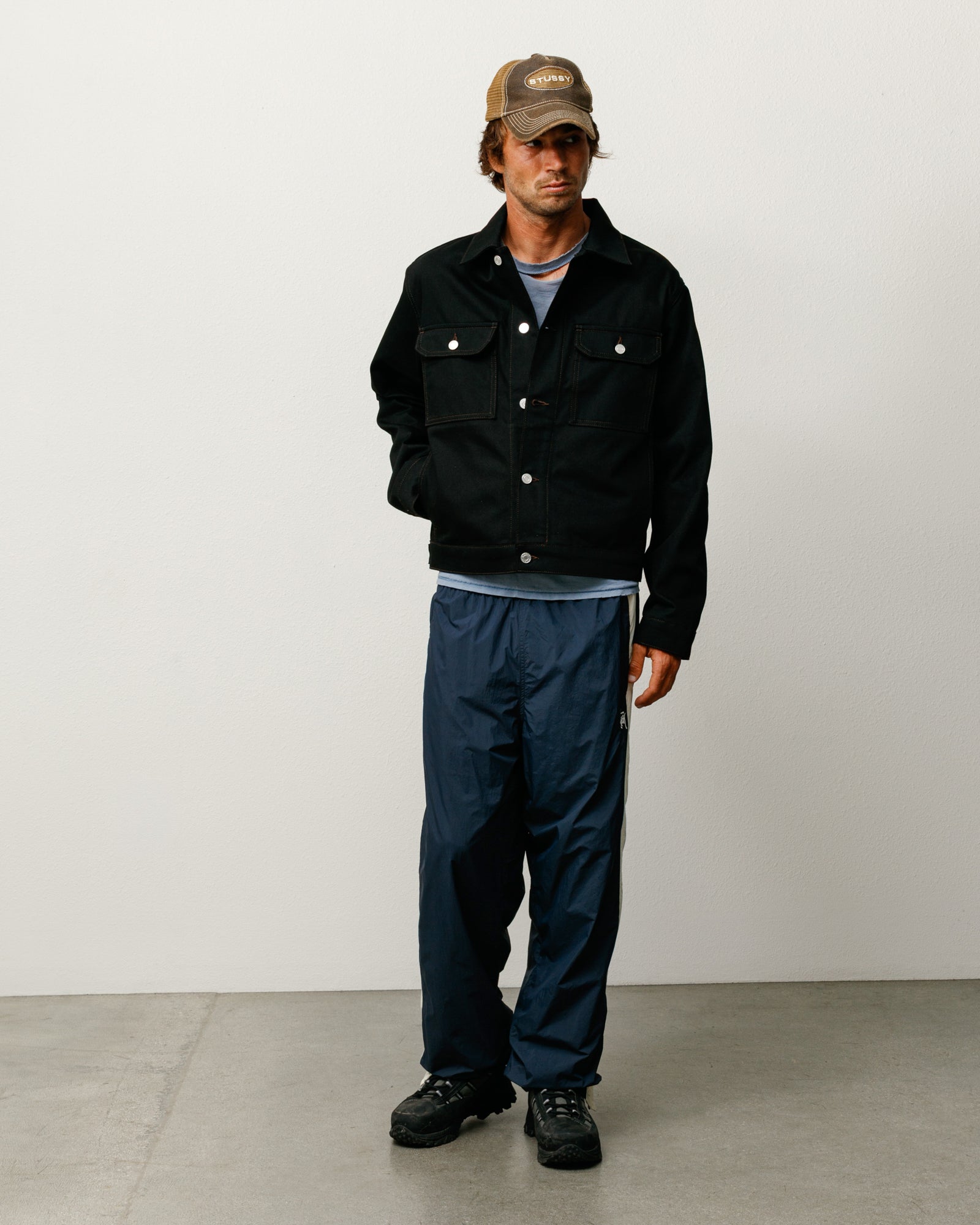 Trucker Denim Unisex Long Sleeve In Raw Black Contrast Stitch