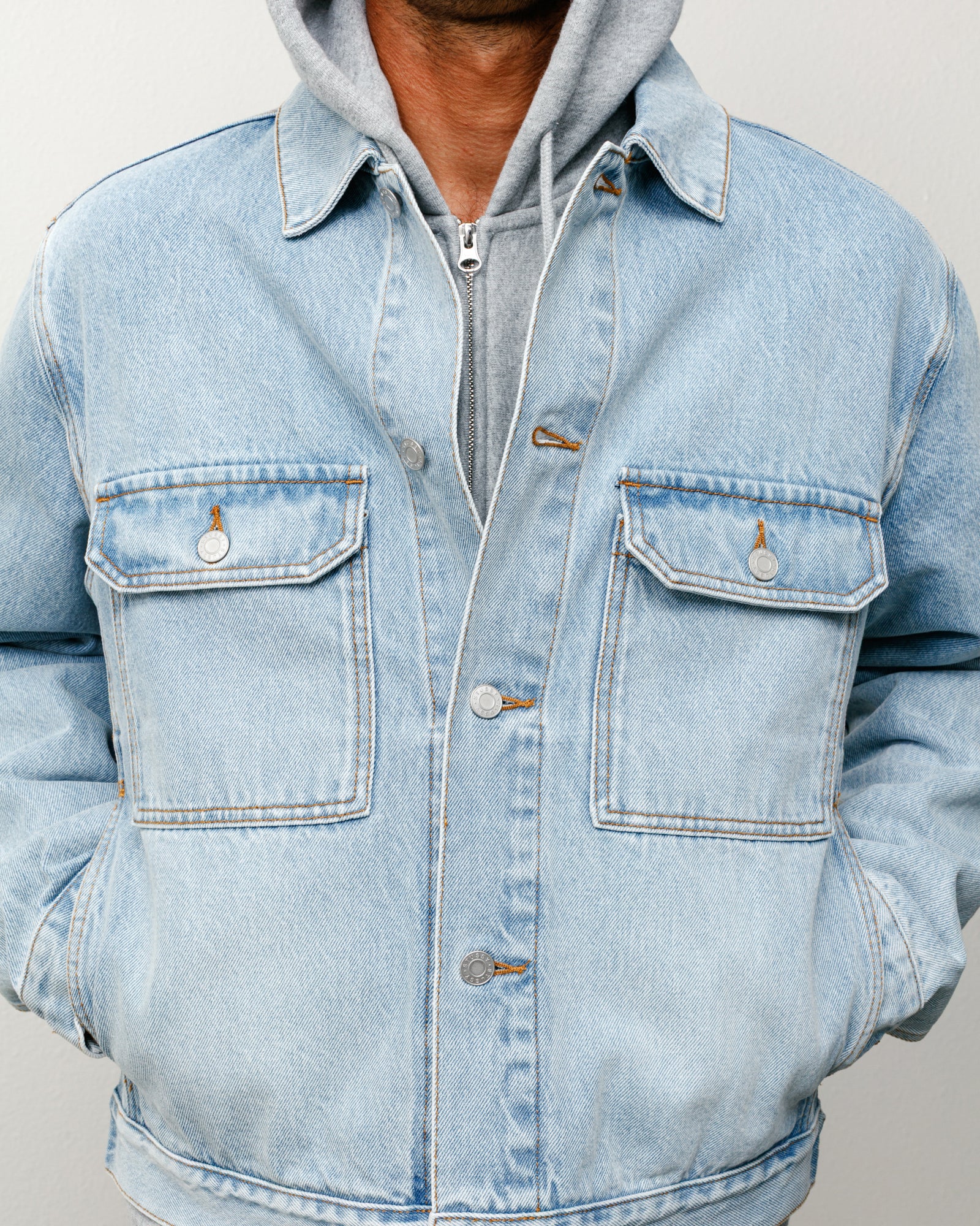 Trucker Denim Unisex Long Sleeve In Light Wash Indigo
