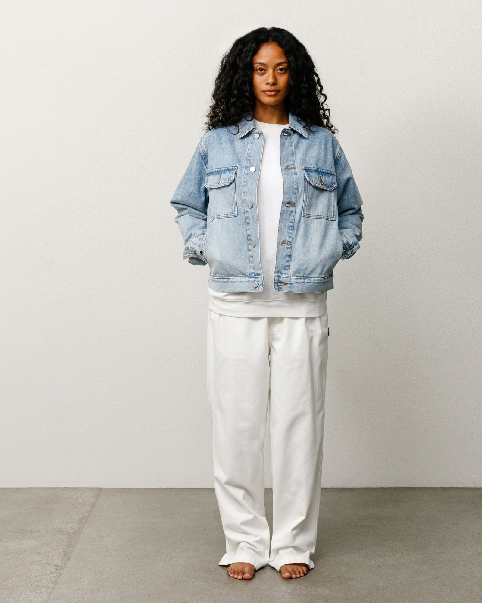 Trucker Denim Unisex Long Sleeve In Light Wash Indigo
