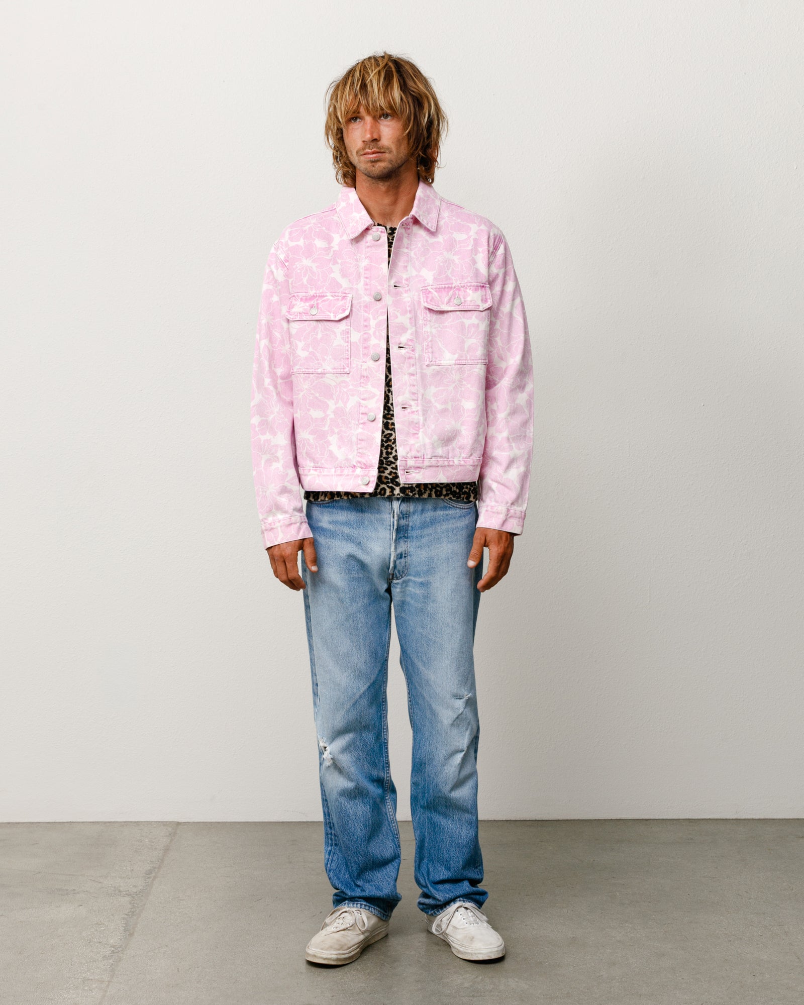 Printed Denim Trucker Unisex Long Sleeve In Pink Hawaiian