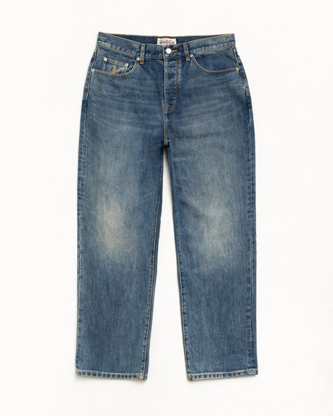 Mid-wash blue denim jeans with a relaxed straight leg, five pockets and subtle fading.