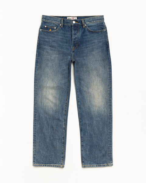 Blue denim straight-leg jeans with five pockets and button closure