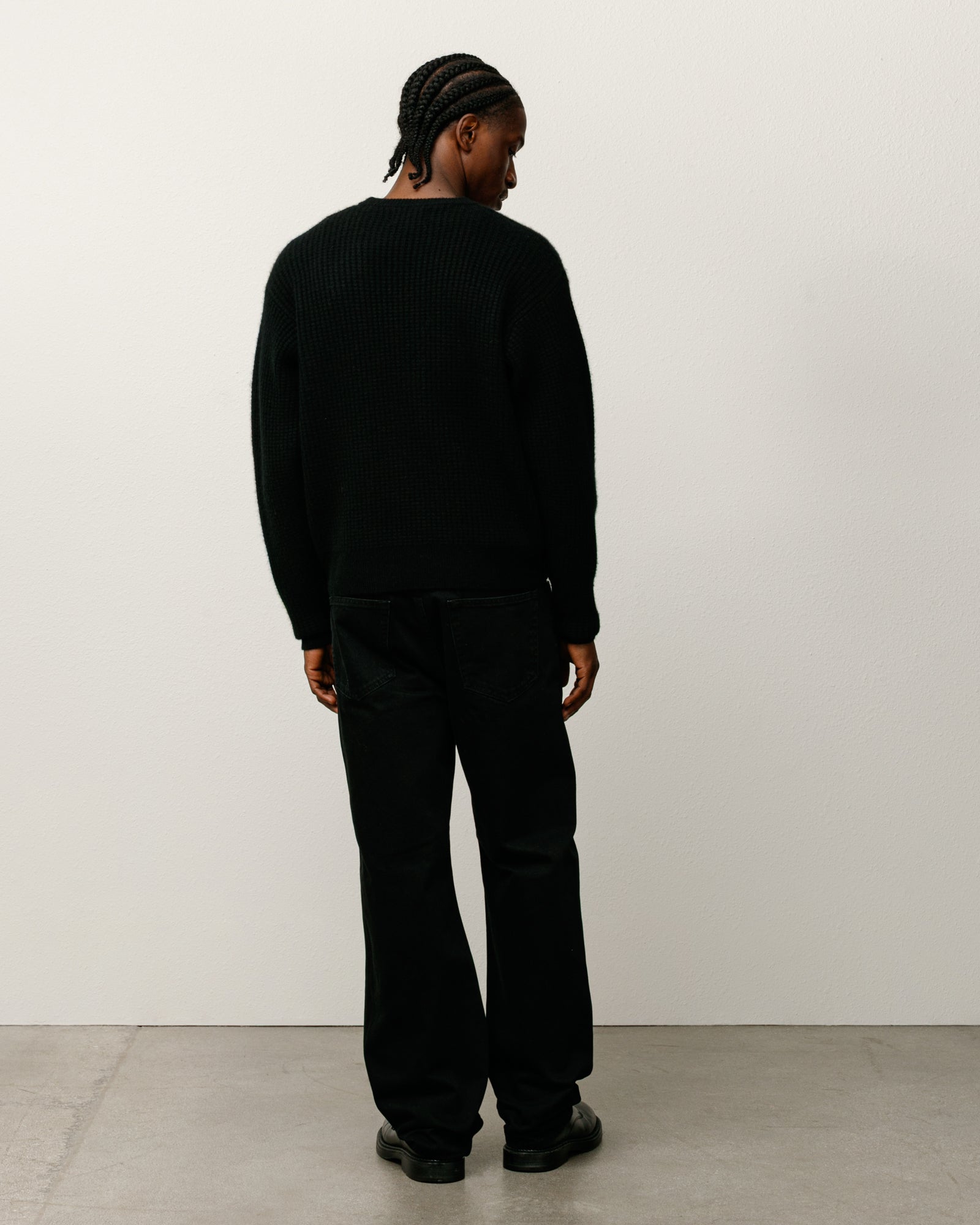 Waffle Cashmere Sweater Mens Long Sleeve In Black
