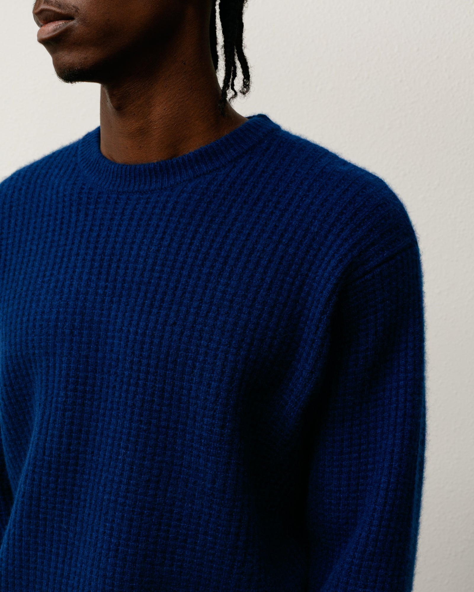 Waffle Cashmere Sweater Mens Long Sleeve In Navy