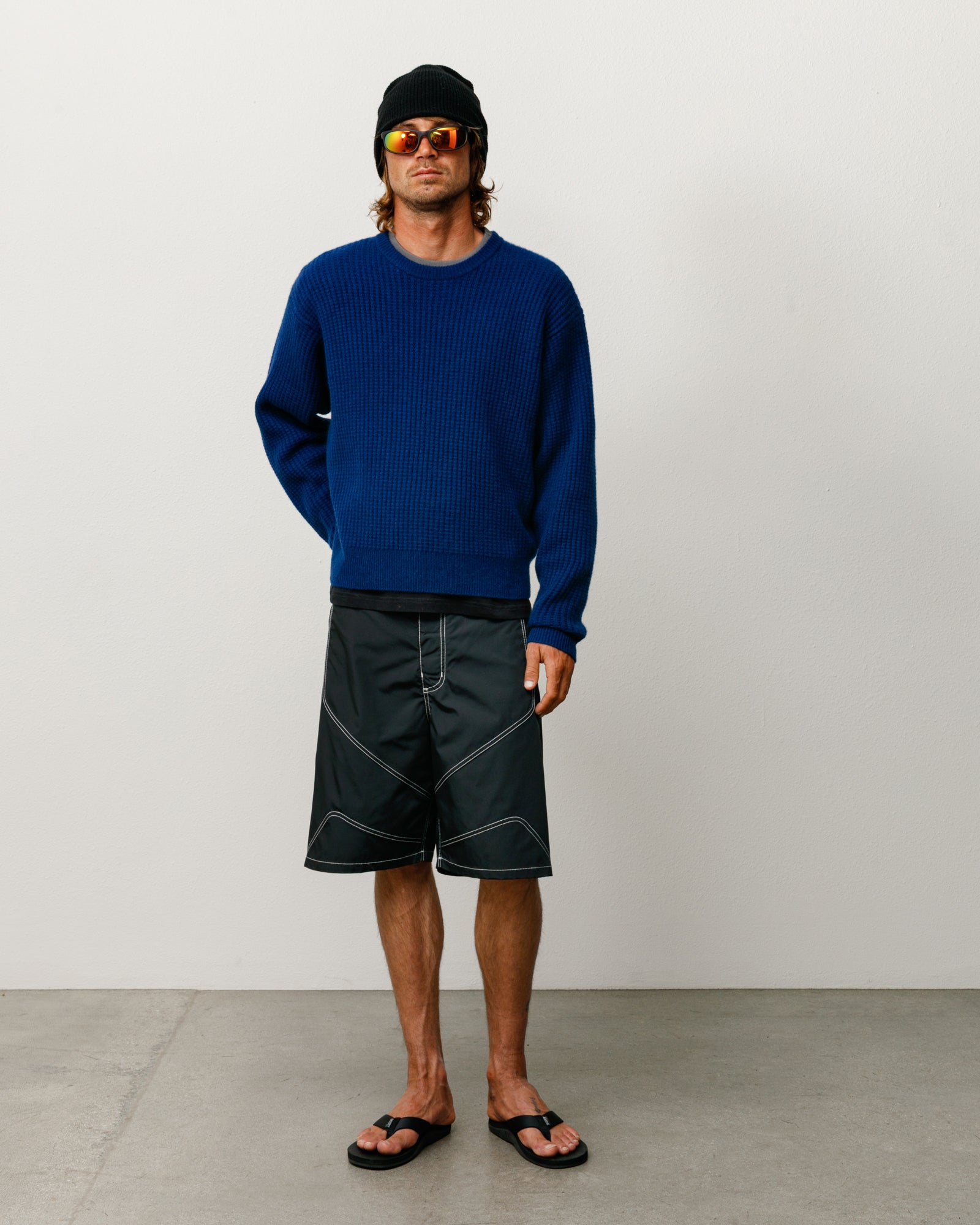 Waffle Cashmere Sweater Mens Long Sleeve In Navy