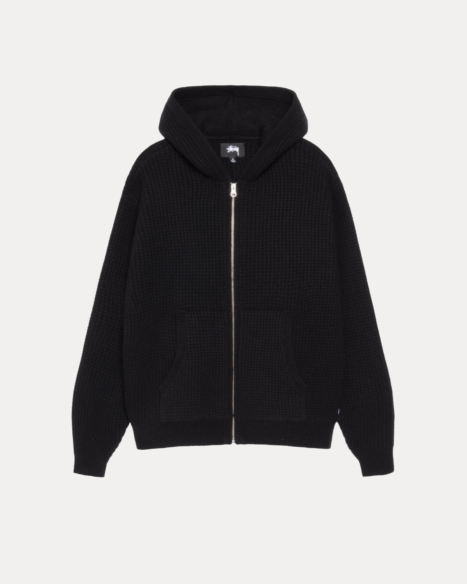 Waffle Cashmere Zip Hood Mens Long Sleeve In Black