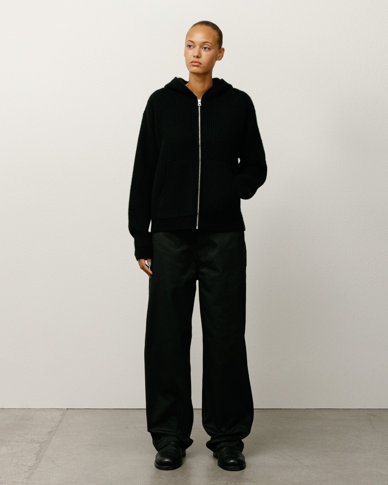 Waffle Cashmere Zip Hood Sweater – Black | Sweaters & Knits