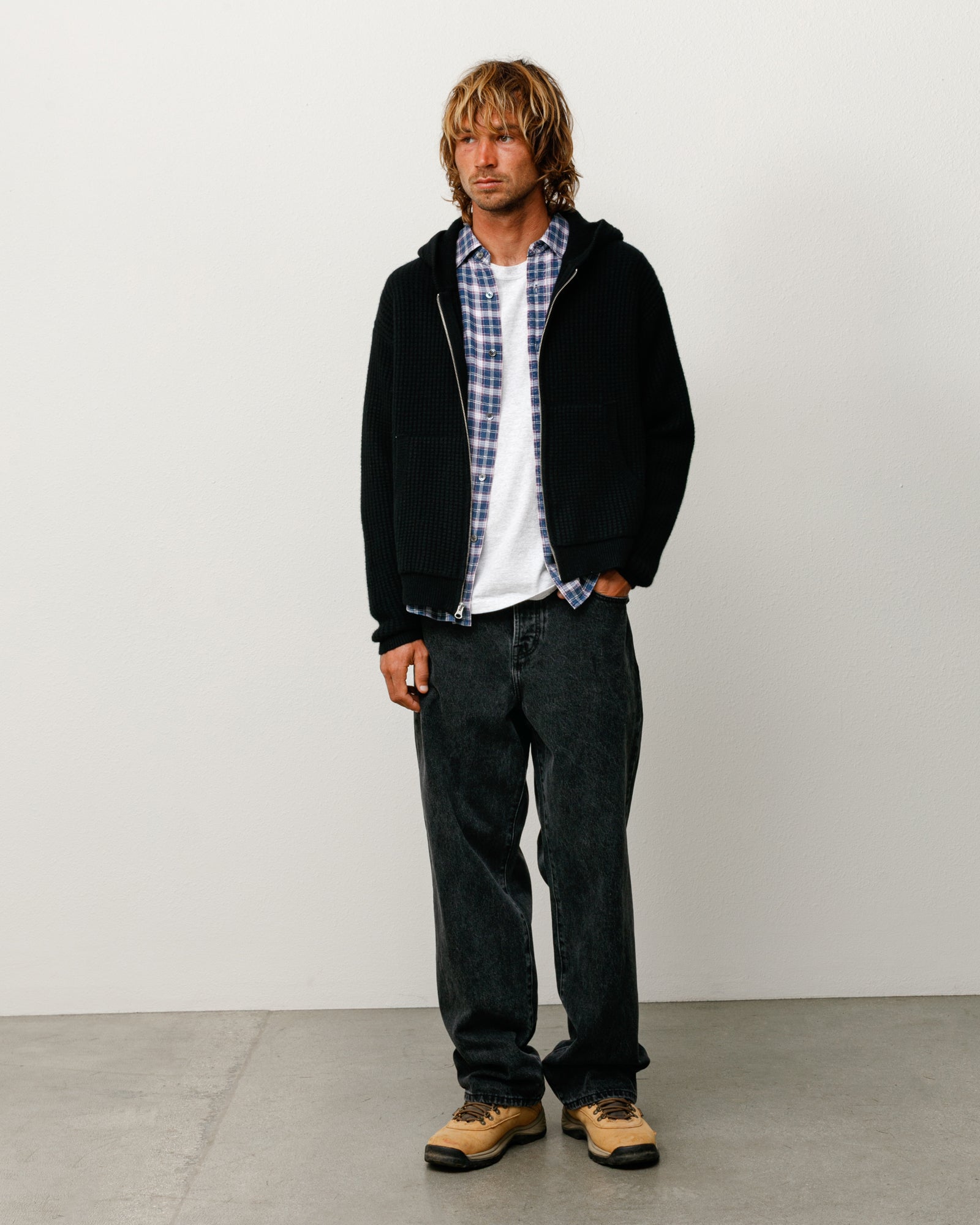 Waffle Cashmere Zip Hood Sweater - Black | Tops & Knits | Stüssy
