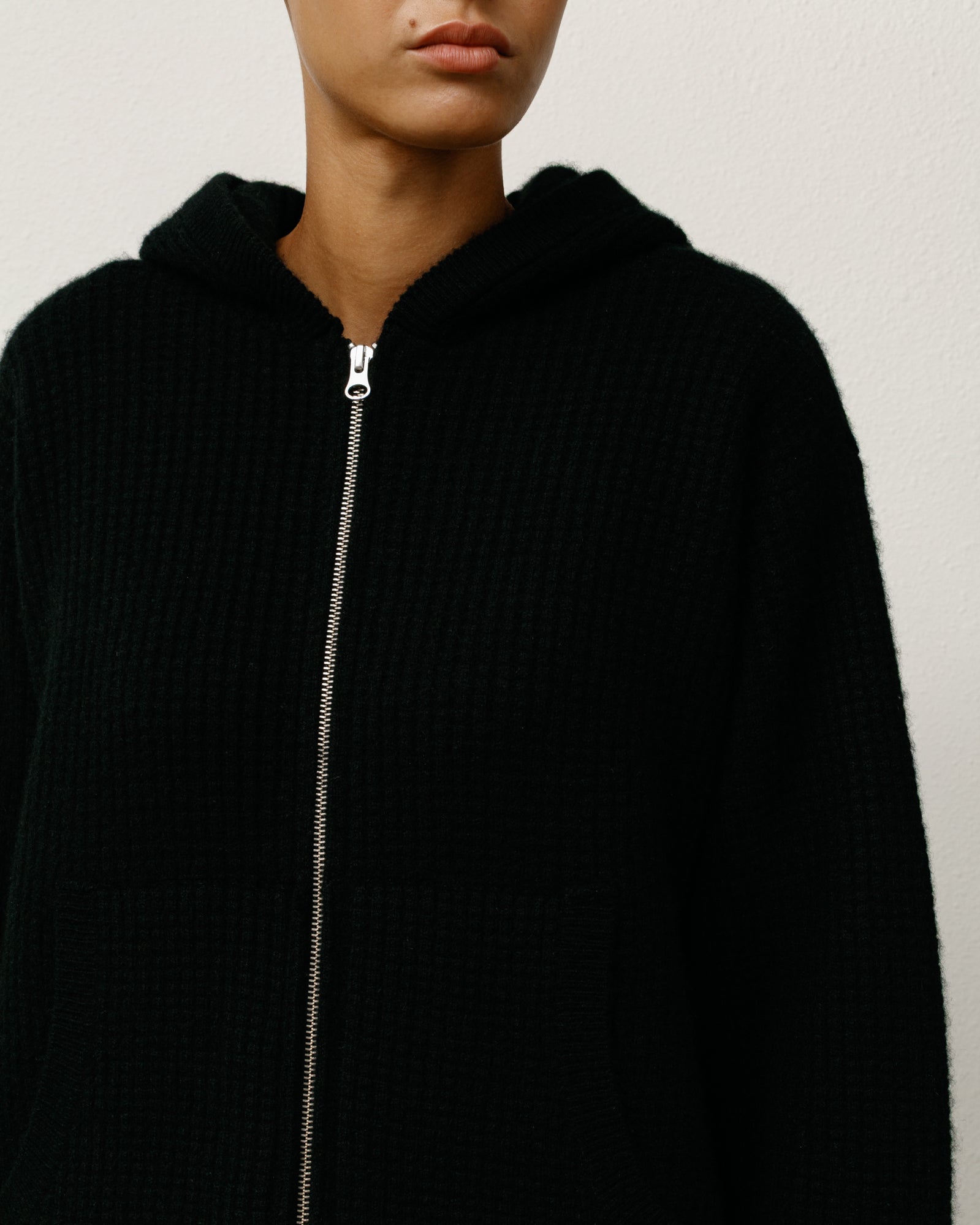 Waffle Cashmere Zip Hood Mens Long Sleeve In Black