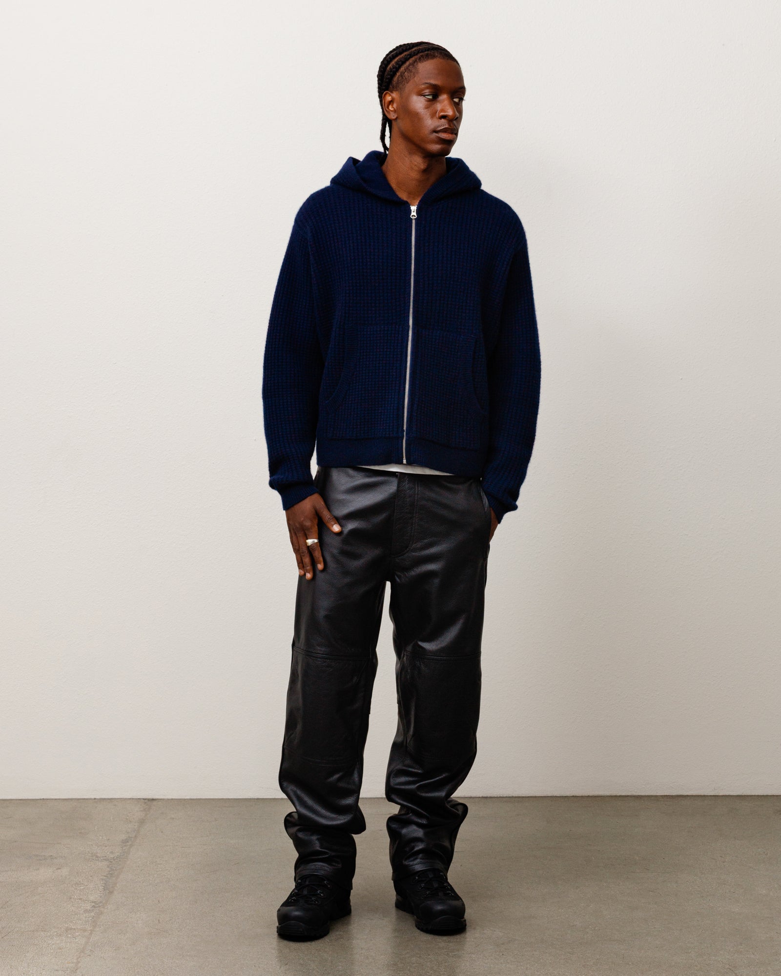 Waffle Cashmere Zip Hood Unisex Long Sleeve In Deep Navy