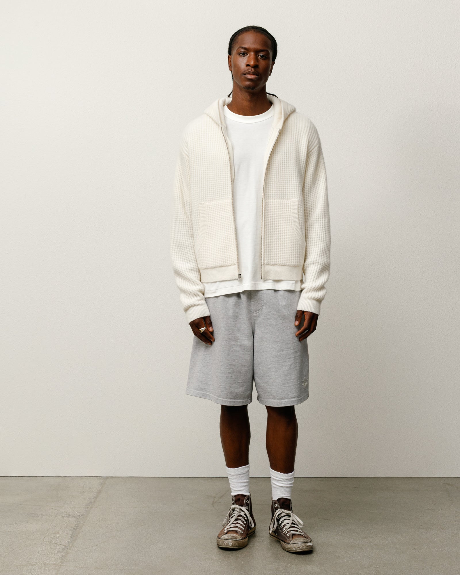 Waffle Cashmere Zip Hood Mens Long Sleeve In Ivory
