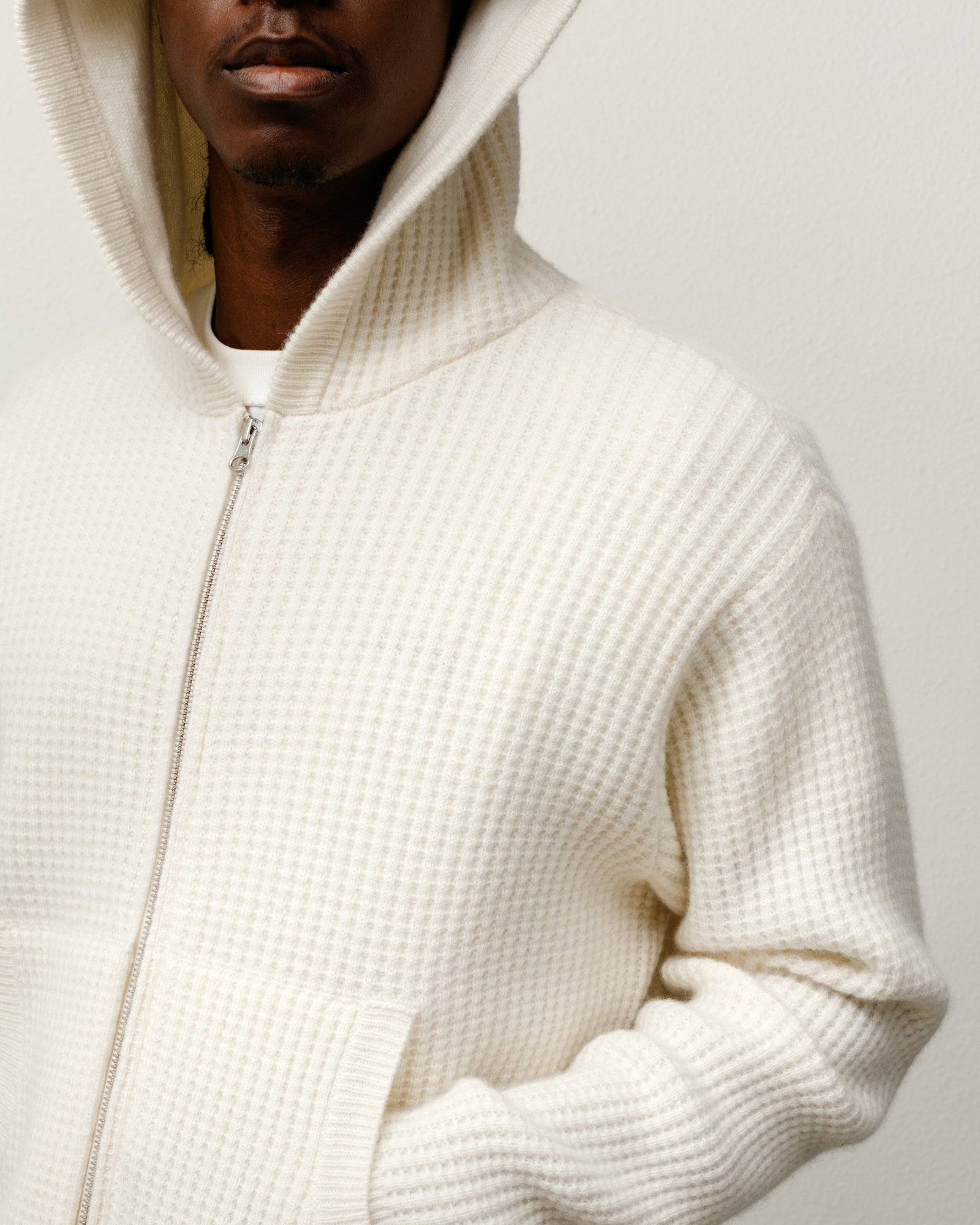 Waffle Cashmere Zip Hood Mens Long Sleeve In Ivory