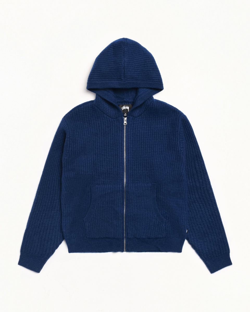 Waffle Cashmere Zip Hood Mens Long Sleeve In Navy