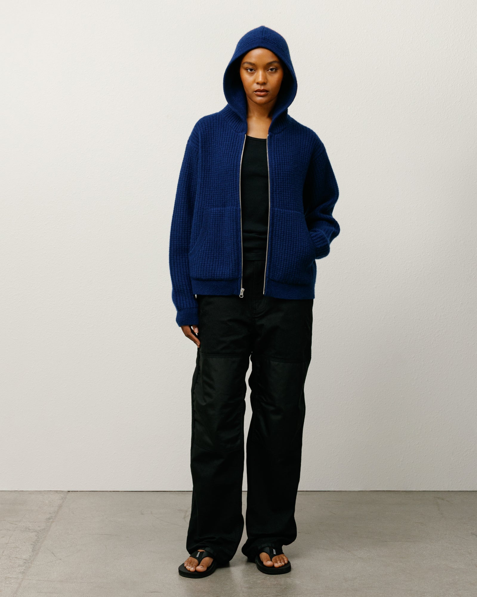 Waffle Cashmere Zip Hood Mens Long Sleeve In Navy