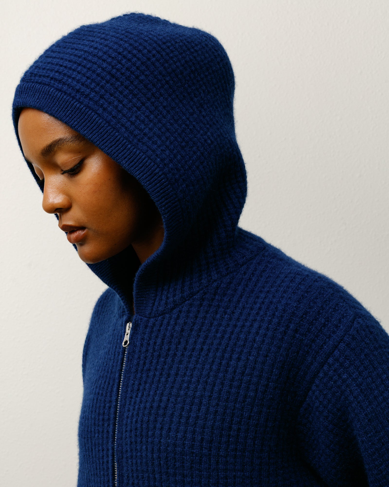 Waffle Cashmere Zip Hood Mens Long Sleeve In Navy
