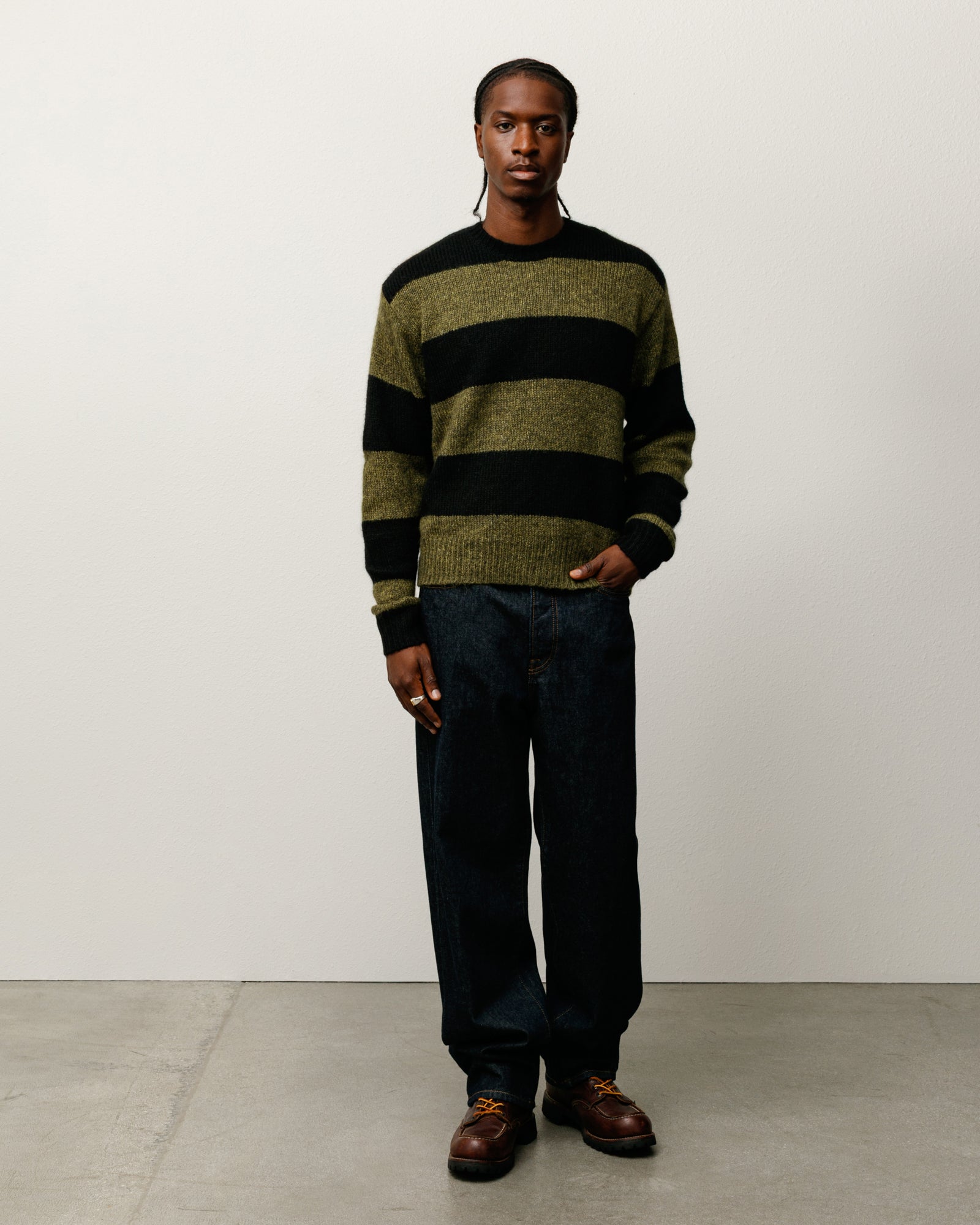 Big Stripe Crew Mens Long Sleeve In Dark Olive