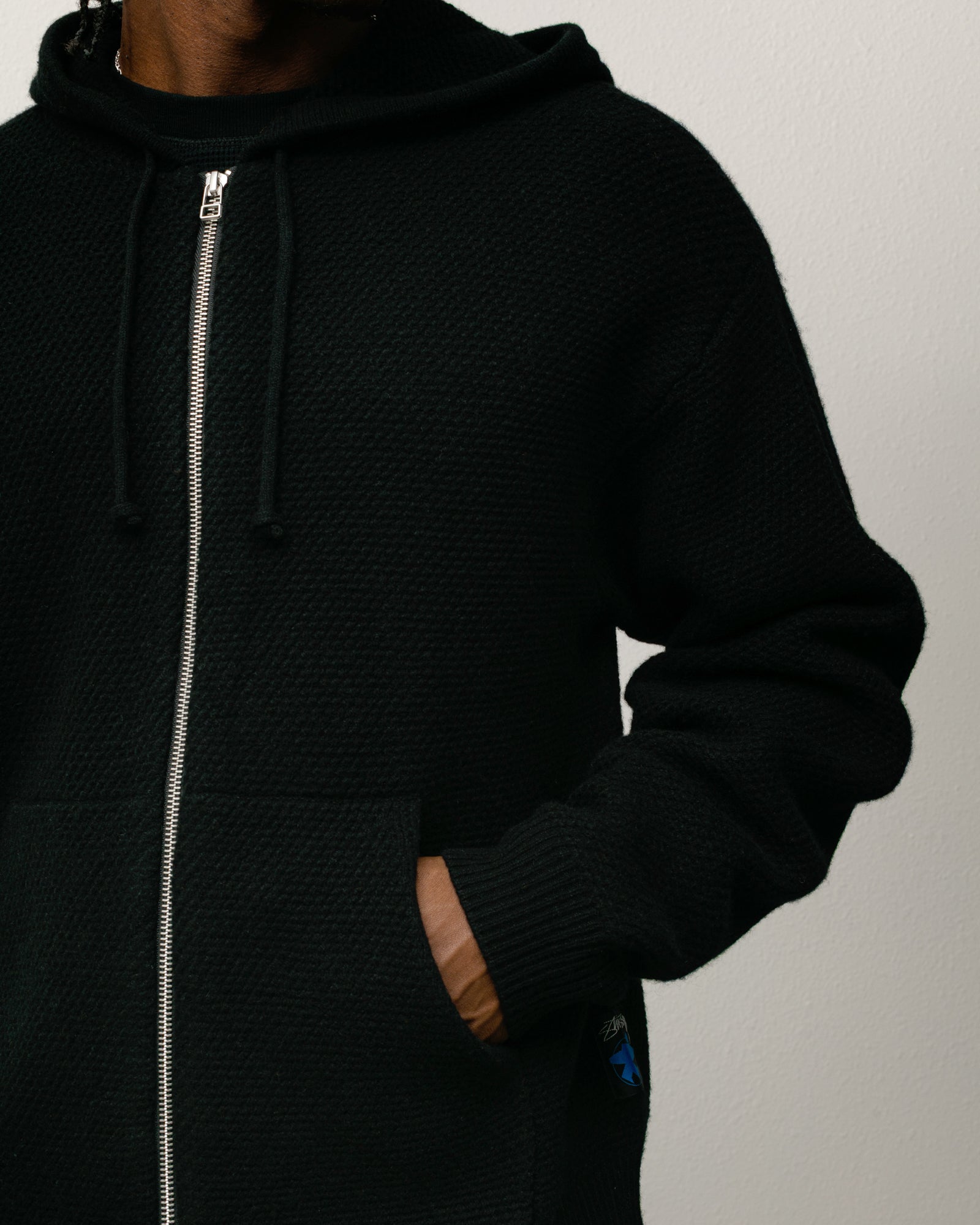 Textured Zip Hooded Sweater Mens Long Sleeve In Black