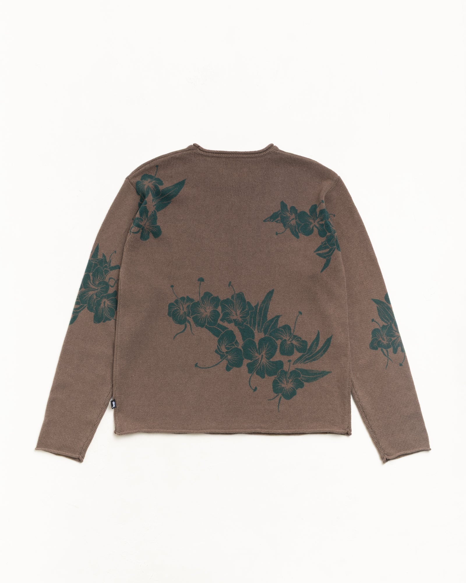 Brown roll-neck sweater, back flat lay with green floral knit graphic