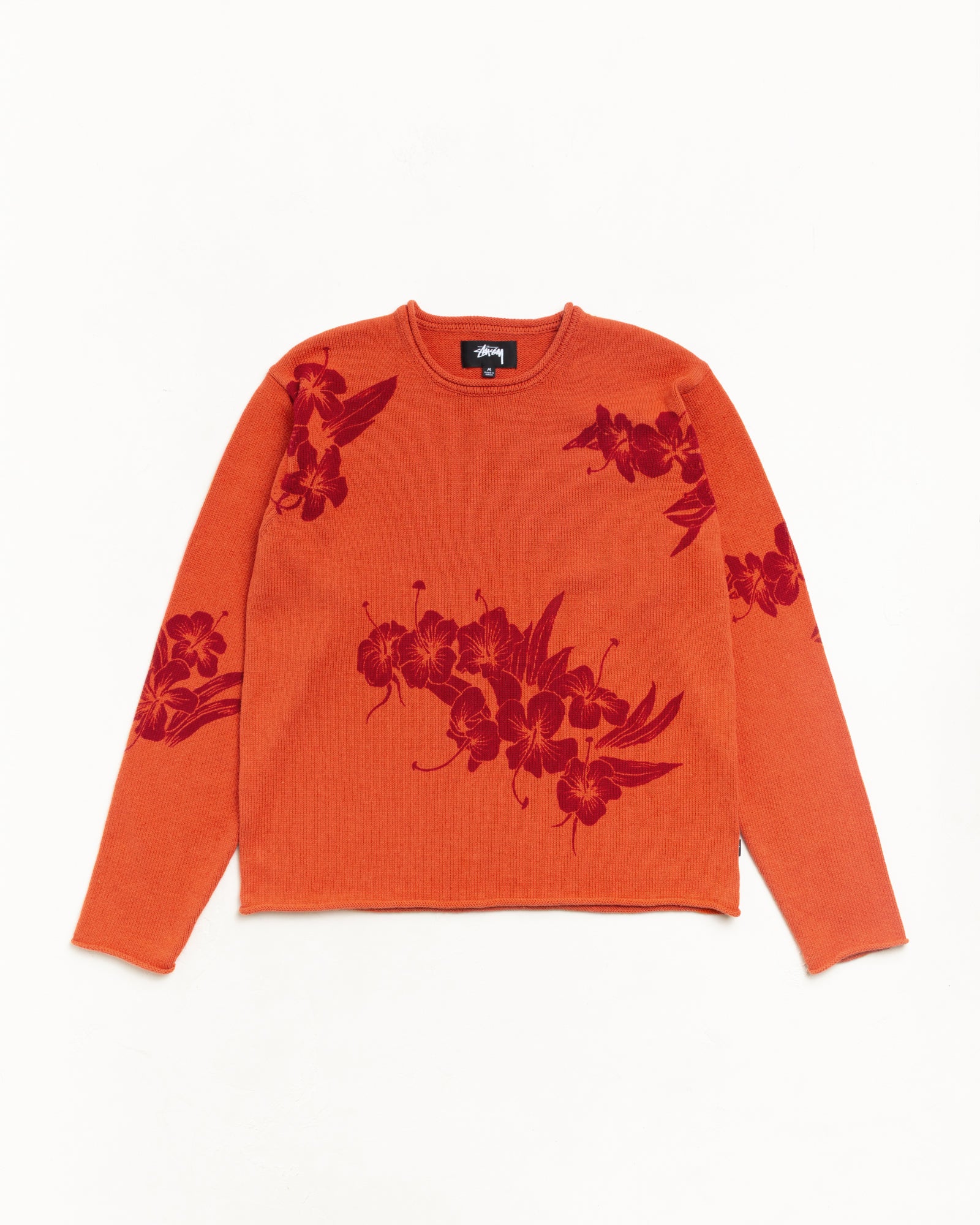 Floral Roll Neck Sweater Unisex Long Sleeve In Rust