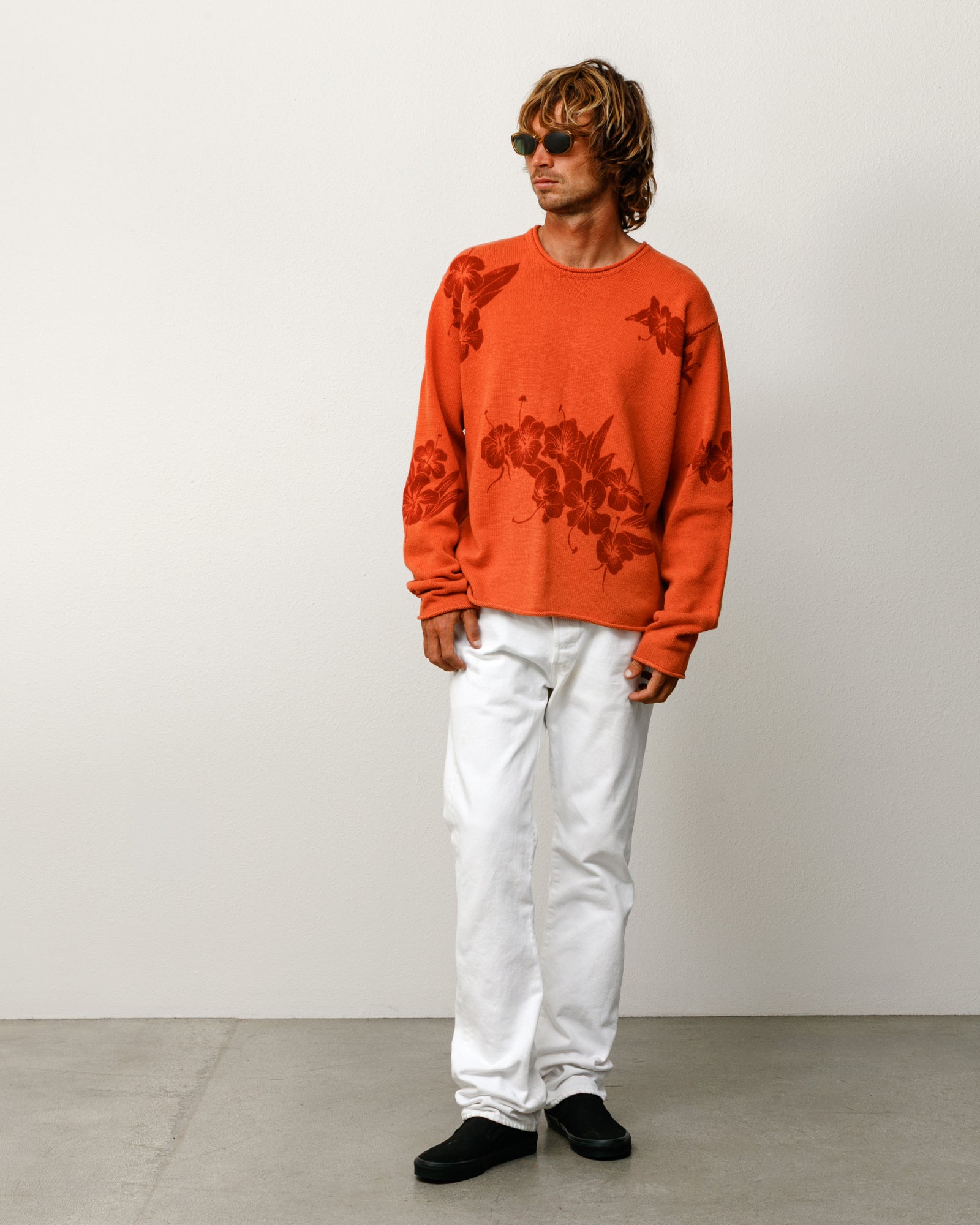 Floral Roll Neck Sweater Unisex Long Sleeve In Rust