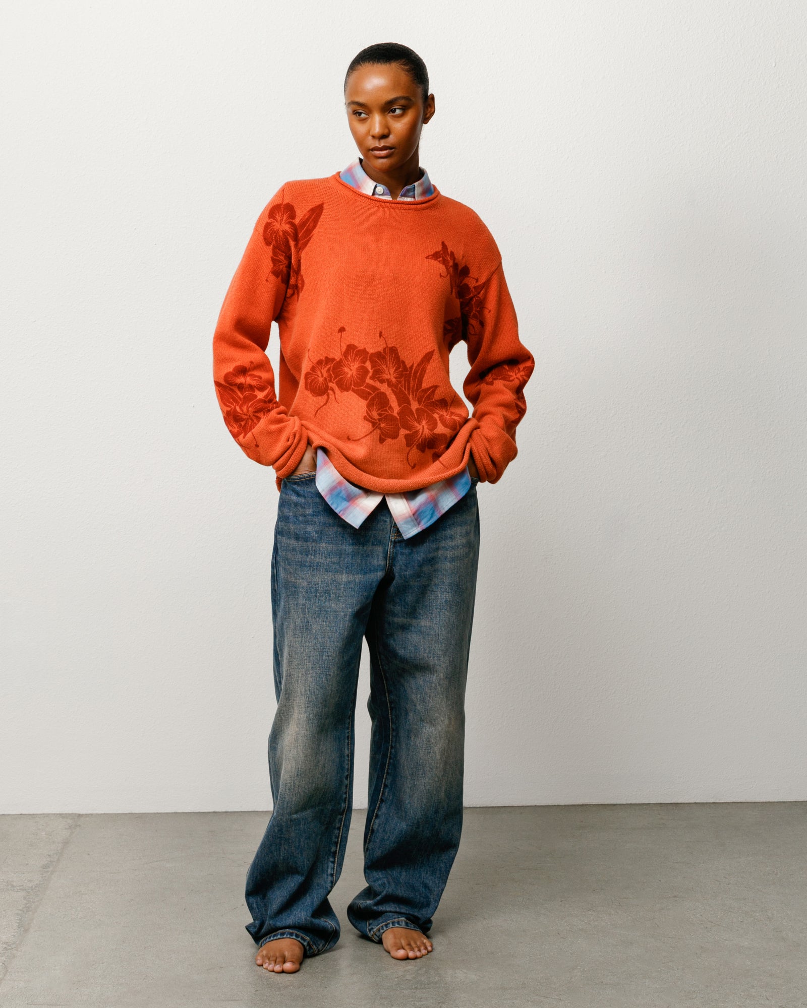 Floral Roll Neck Sweater Unisex Long Sleeve In Rust