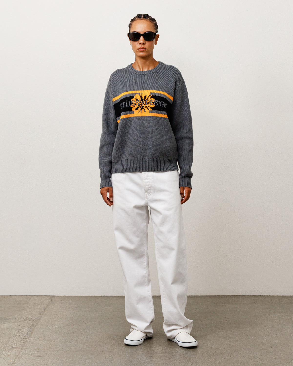 Striped Hibiscus Sweater Unisex Long Sleeve In Grey