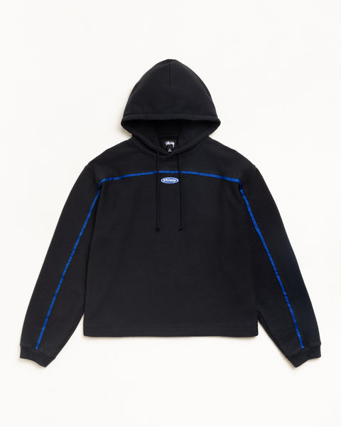 Black pullover hoodie with blue piping and oval chest logo, unisex long sleeve