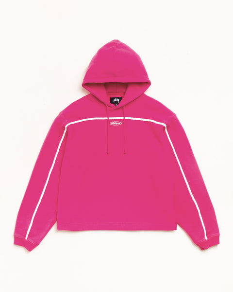 Pink pullover fleece hoodie with white piping and drawcord, unisex long sleeve