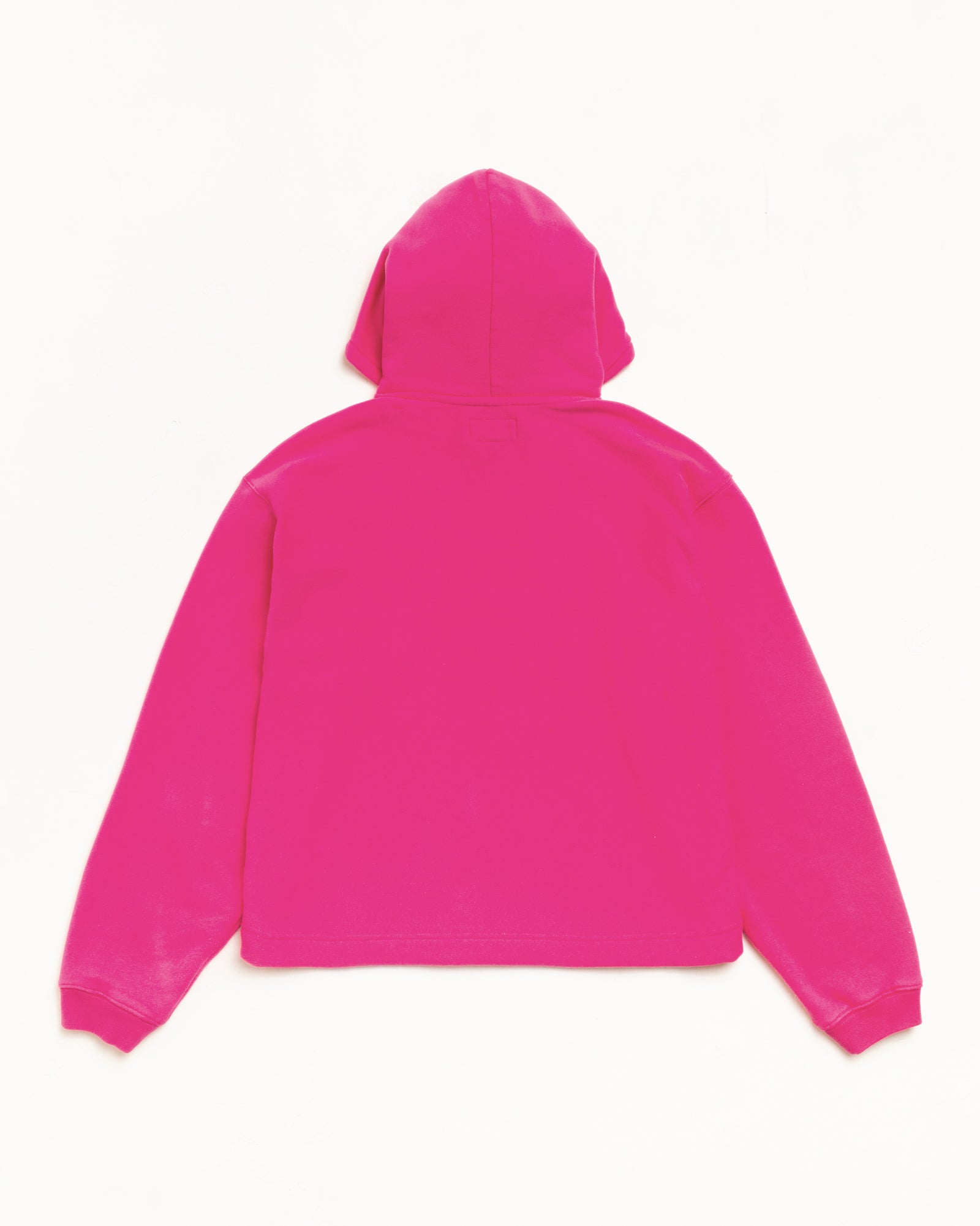 Oval Pullover Hoodie Unisex Relaxed Long Sleeve Back View Flat Lay In Pink