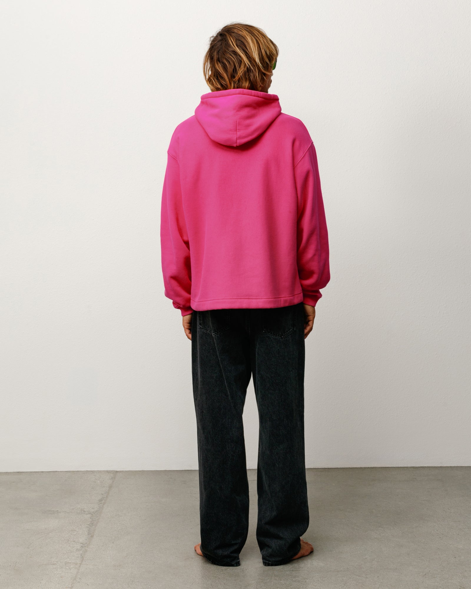 Oval Pullover Hoodie Unisex Relaxed Fleece Long Sleeve In Pink Back View