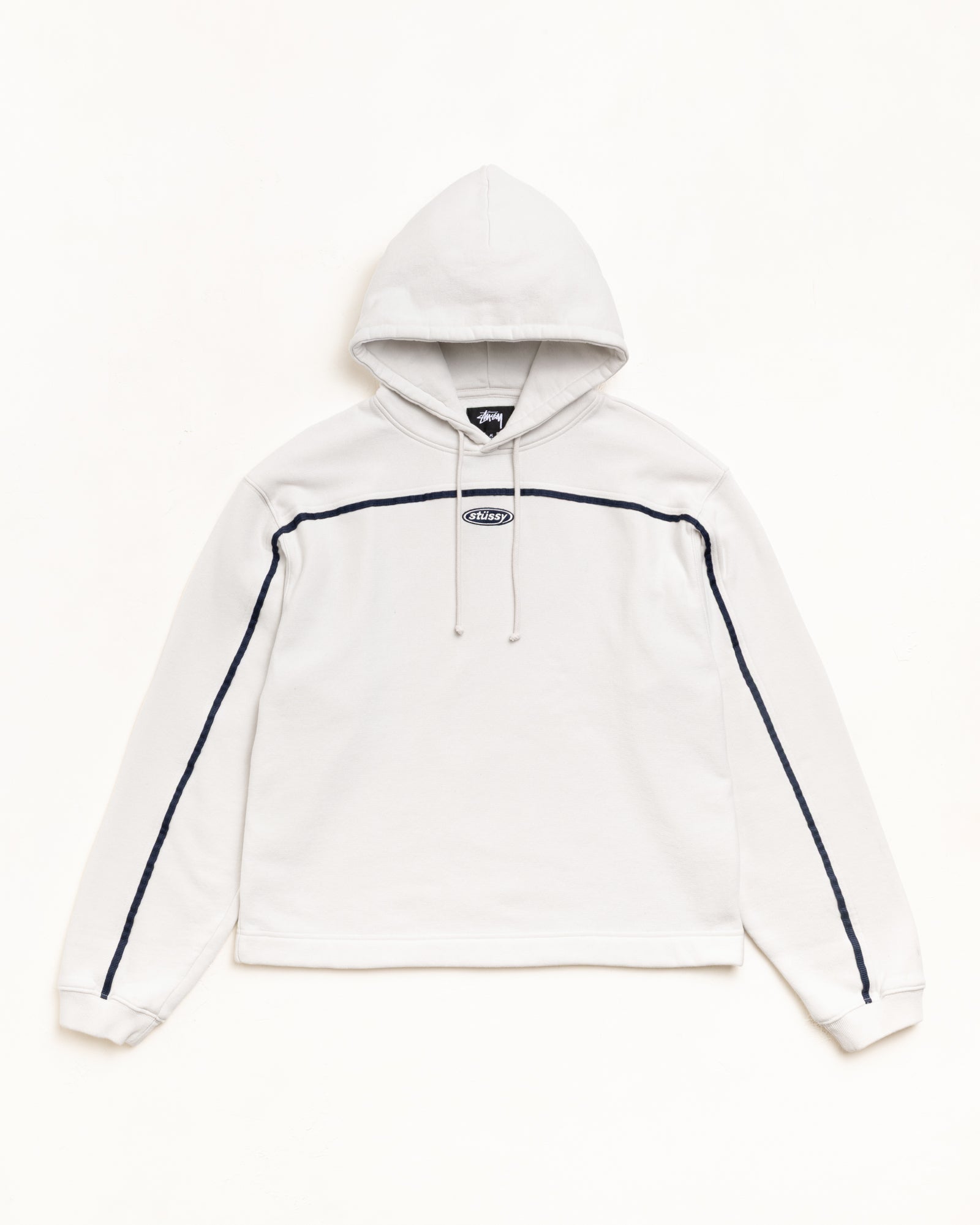 Stone pullover hoodie with navy contrast piping, drawcord hood, and long sleeves