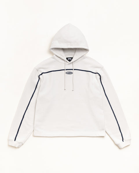 Stone pullover hoodie with navy contrast piping, drawcord hood, and long sleeves