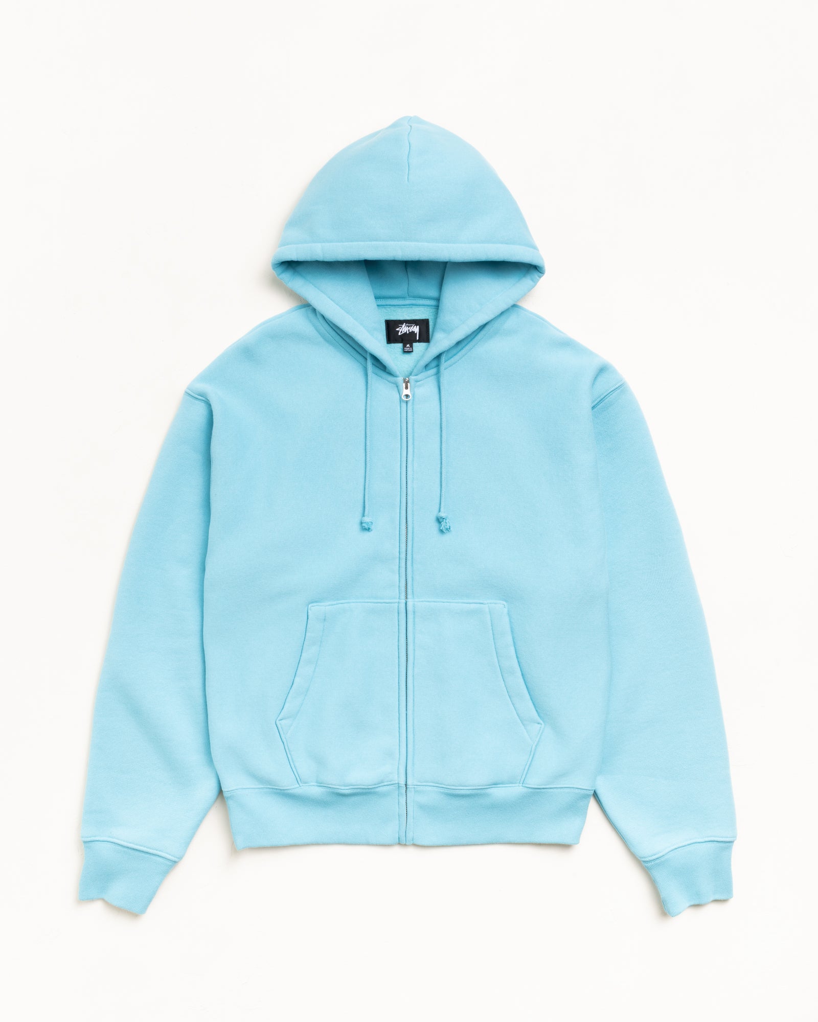 Aqua zip-up hoodie with drawcord hood, metal zipper, and kangaroo pocket, unisex fleece