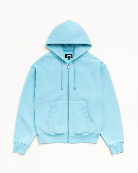 Aqua zip-up hoodie with drawcord hood, metal zipper, and kangaroo pocket, unisex fleece