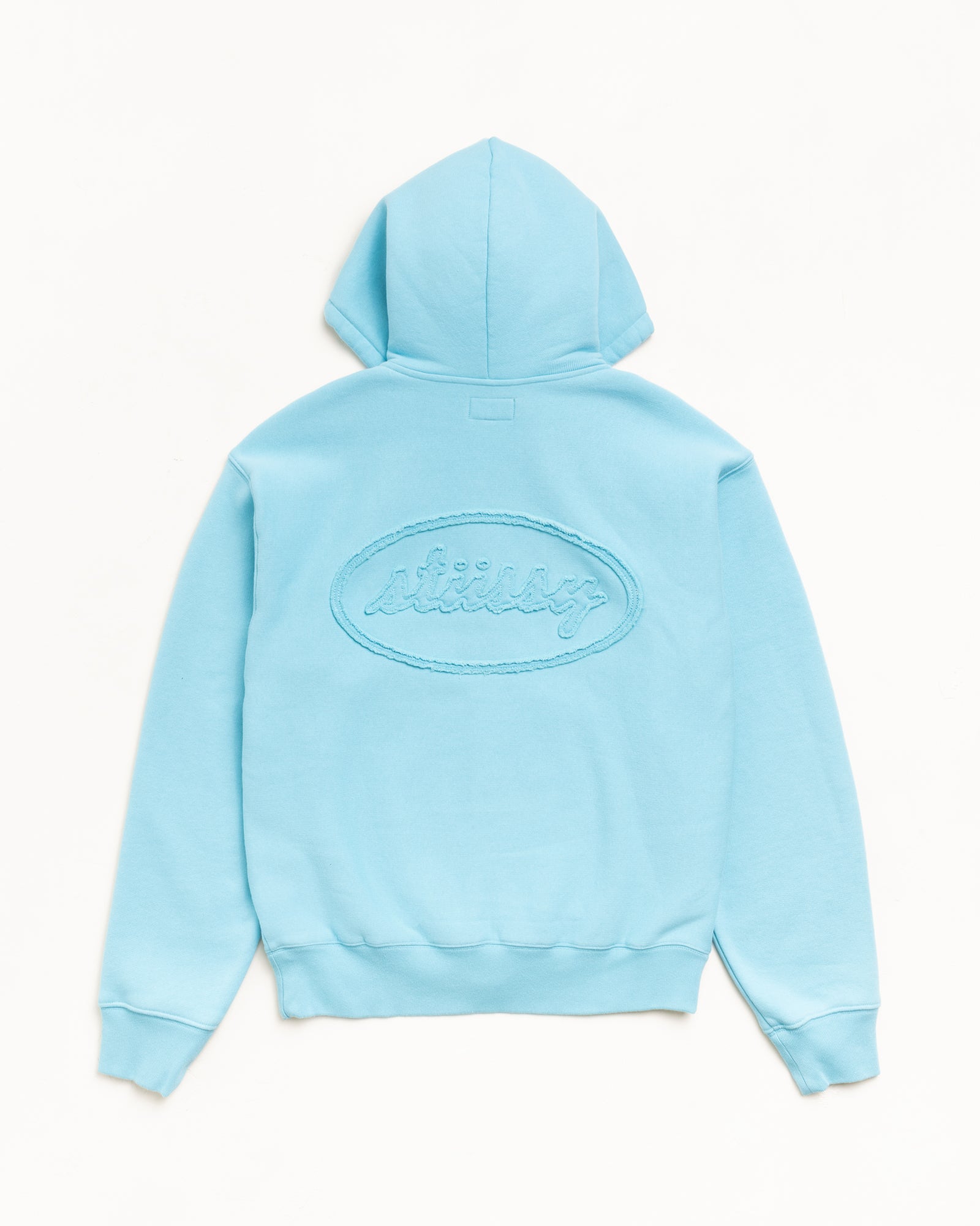 Aqua zip hoodie, back view with cursive applique logo, fleece, unisex long sleeve